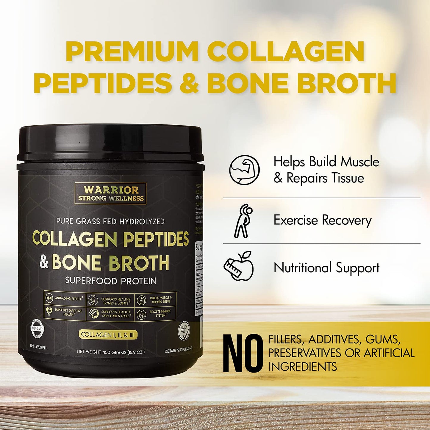 Warrior Strong Wellness Premium Collagen Peptides Bone Broth Powder Unflavored 15.9 oz