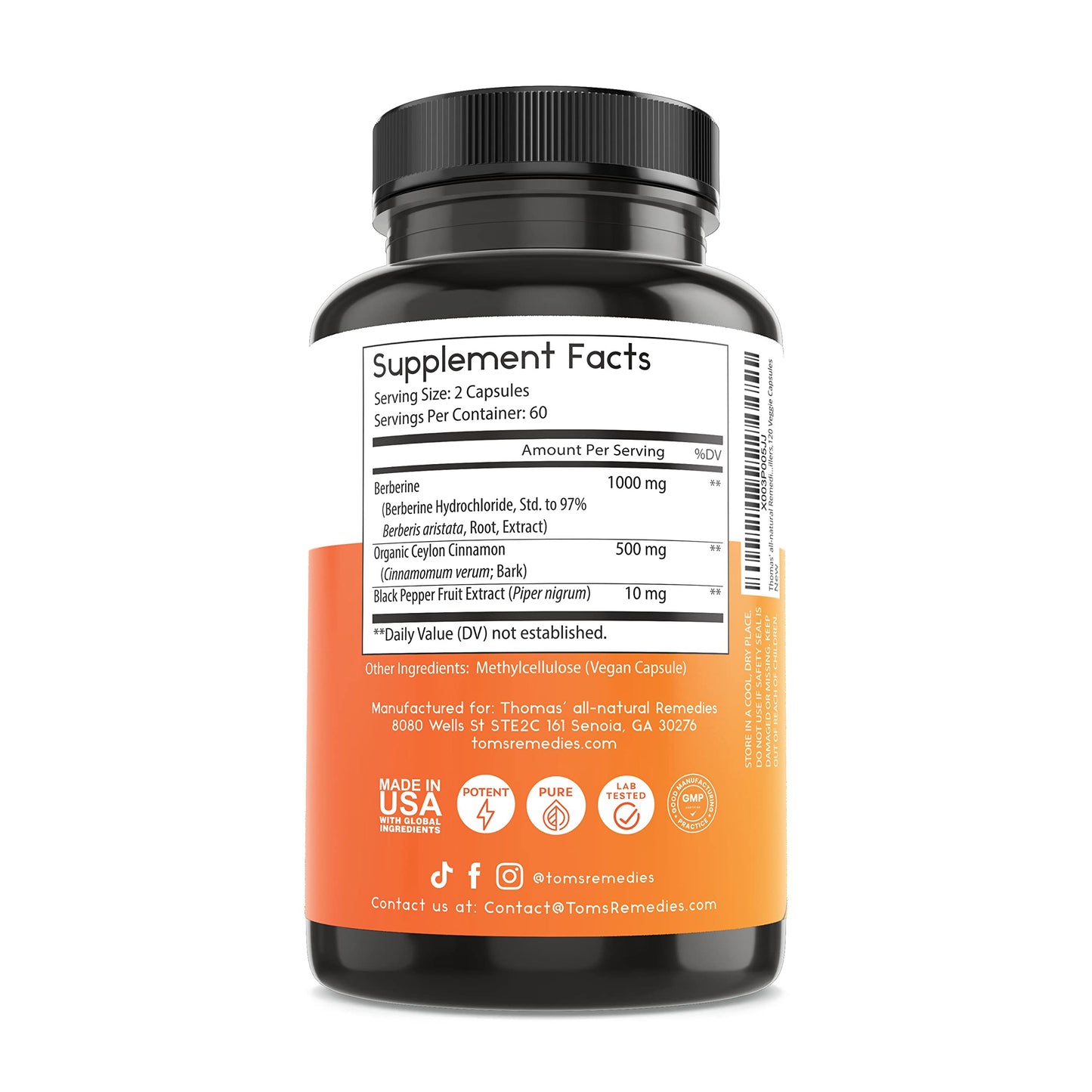 Thomas' all-natural Remedies Berberine 1000mg Metabolic Support Capsules 120 Count