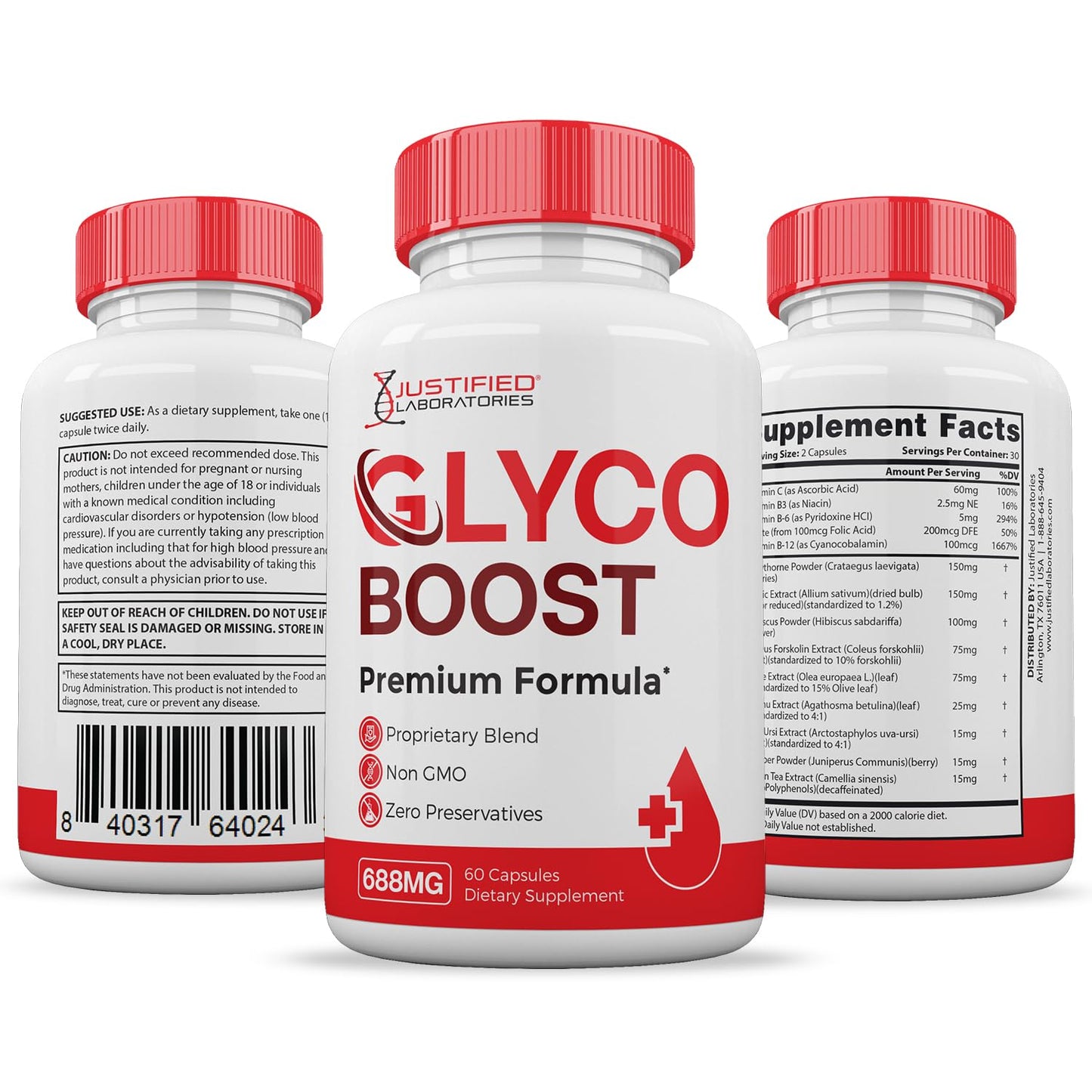 Justified Laboratories Glyco Boost Pills 688MG Glycogen Support Premium Formula Glycoboost Gluco Support Capsules 180 Capsules