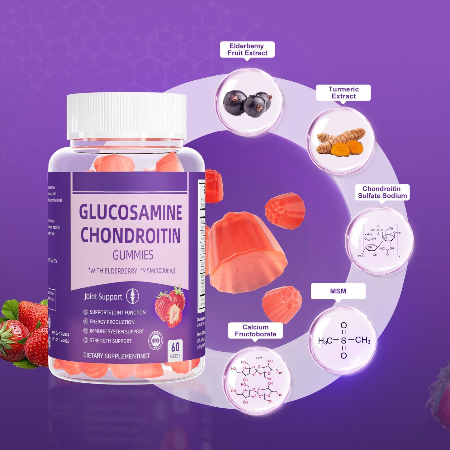 Dianww Glucosamin Gummies for Women and Men, Immune Support, Energy Support, Vegan, Gluten-Free, Strawberry Flavor, 60 Gummies