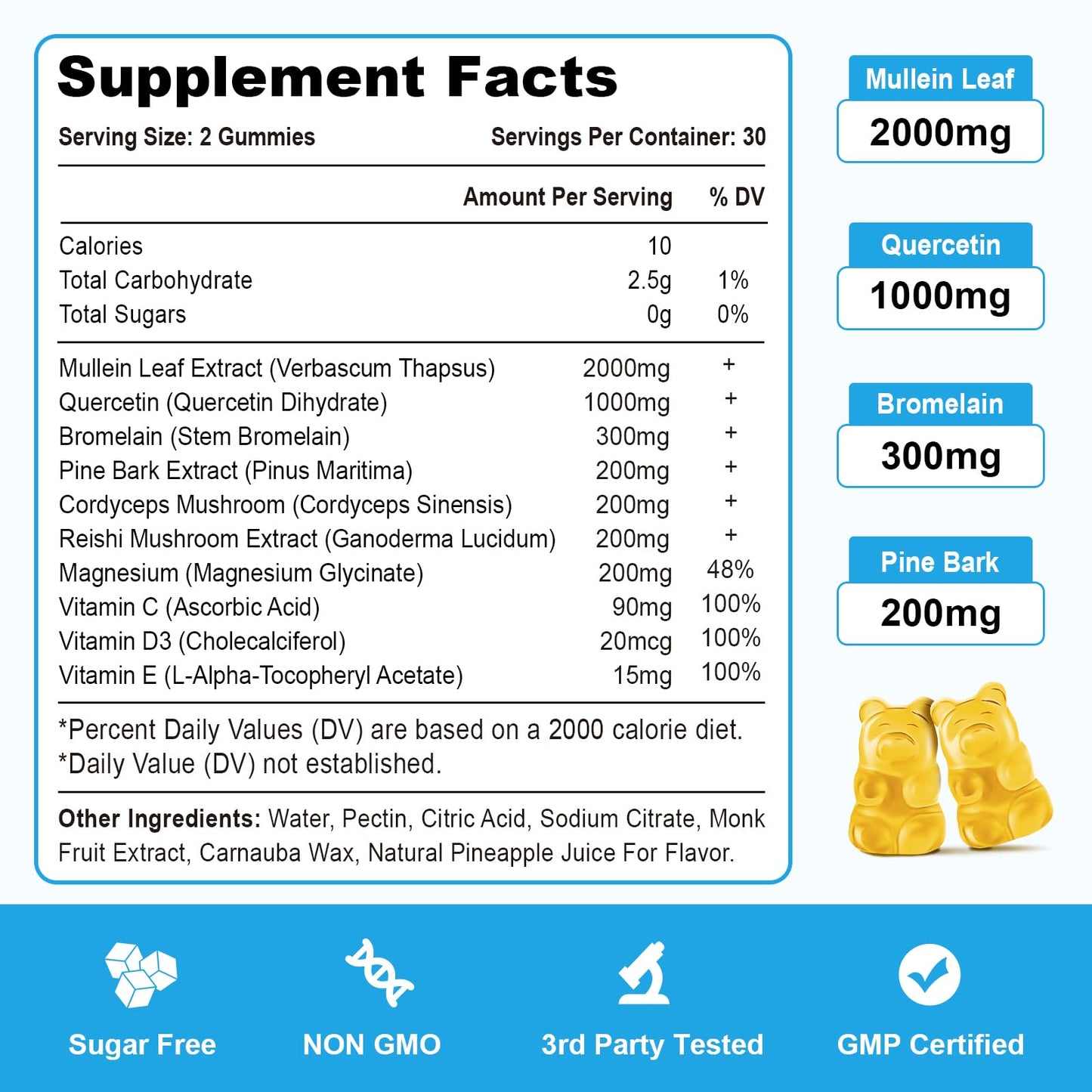 Vazatisi Mullein Gummies with Mullein Leaf Extract for Lungs, Bromelain, Quercetin, Magnesium – Pineapple Flavor, Lung Detox & Cleanse, 120 Gummies