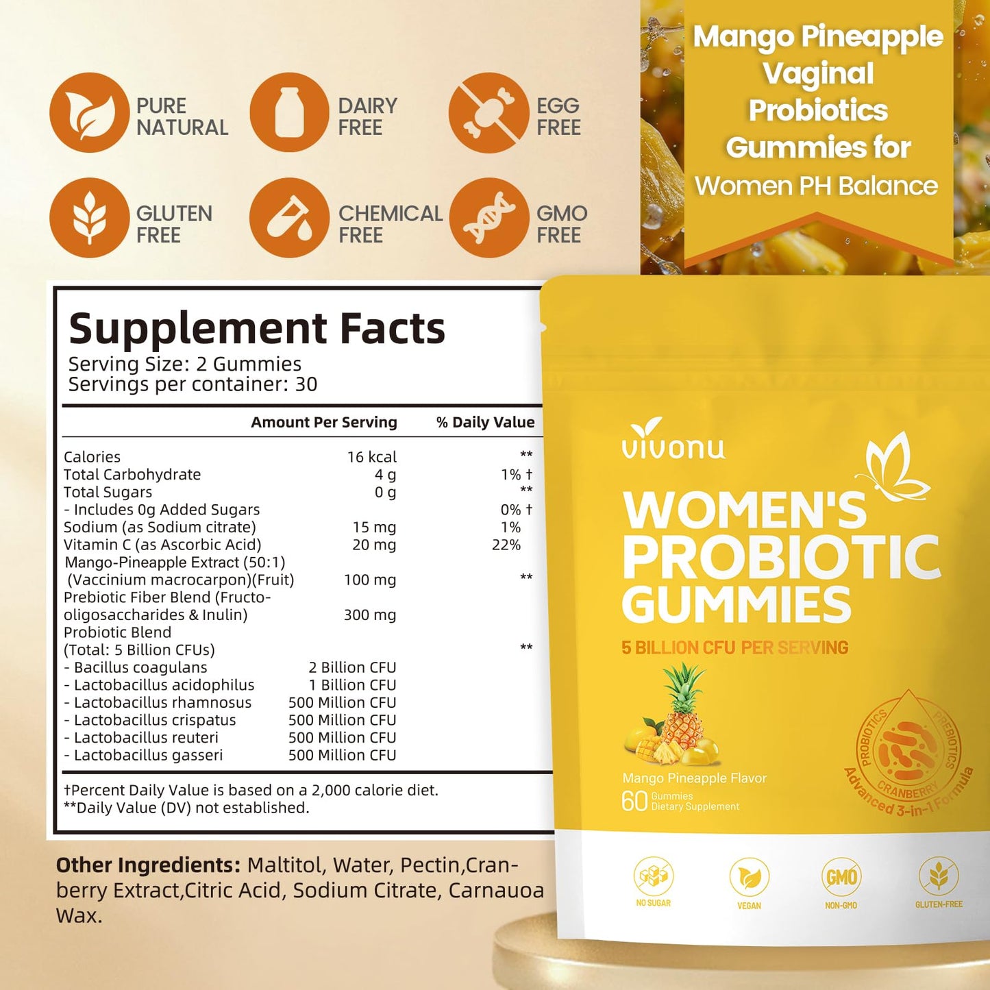 VivoNu Pineapple Probiotic Gummies for Women Gummy 180 Count