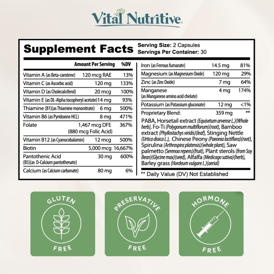 VITAL NUTRITIVE Vital Hair Complex Biotin & Vitamin B Hair Vitamins Capsules, 60 Count