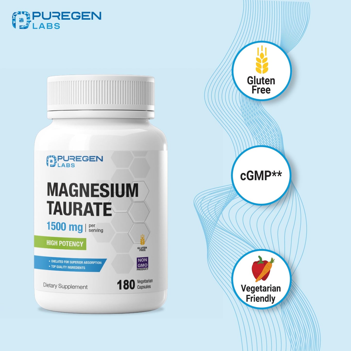 P Puregen Labs Magnesium Taurate 1500mg per Serving Capsule, 360 Veggie Caps