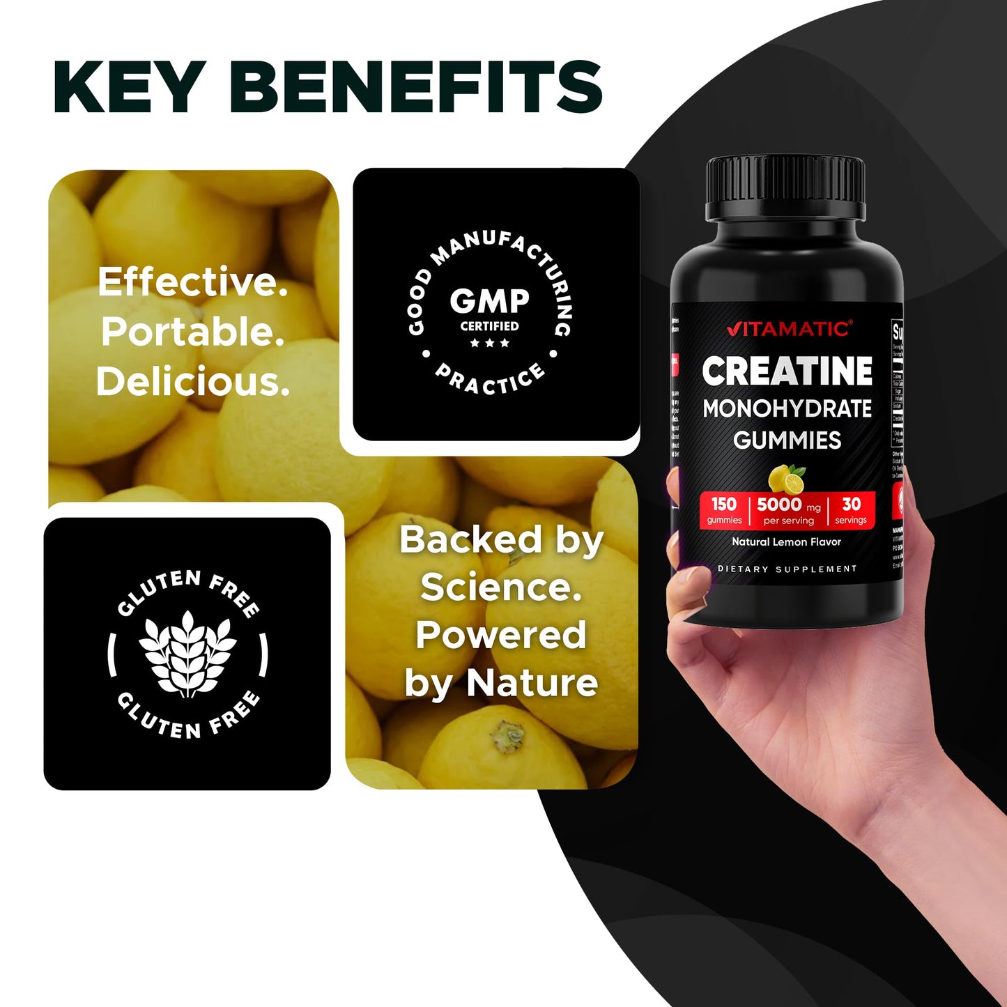 Vitamatic Creatine Gummies 5000mg per Serving Natural Lemon Flavor, 150 Gummies