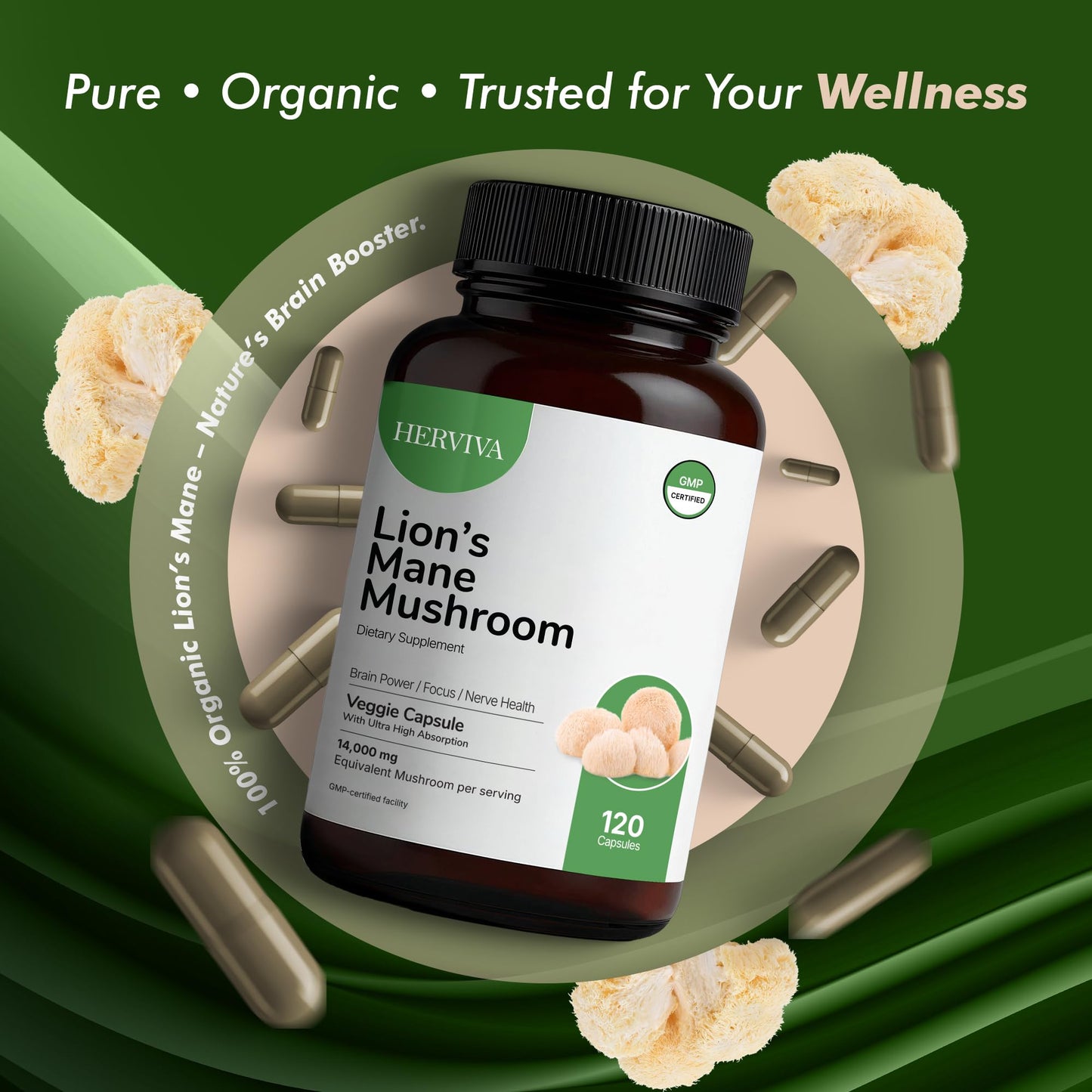HERVIVA Lions Mane Mushroom Supplement 120 Capsules