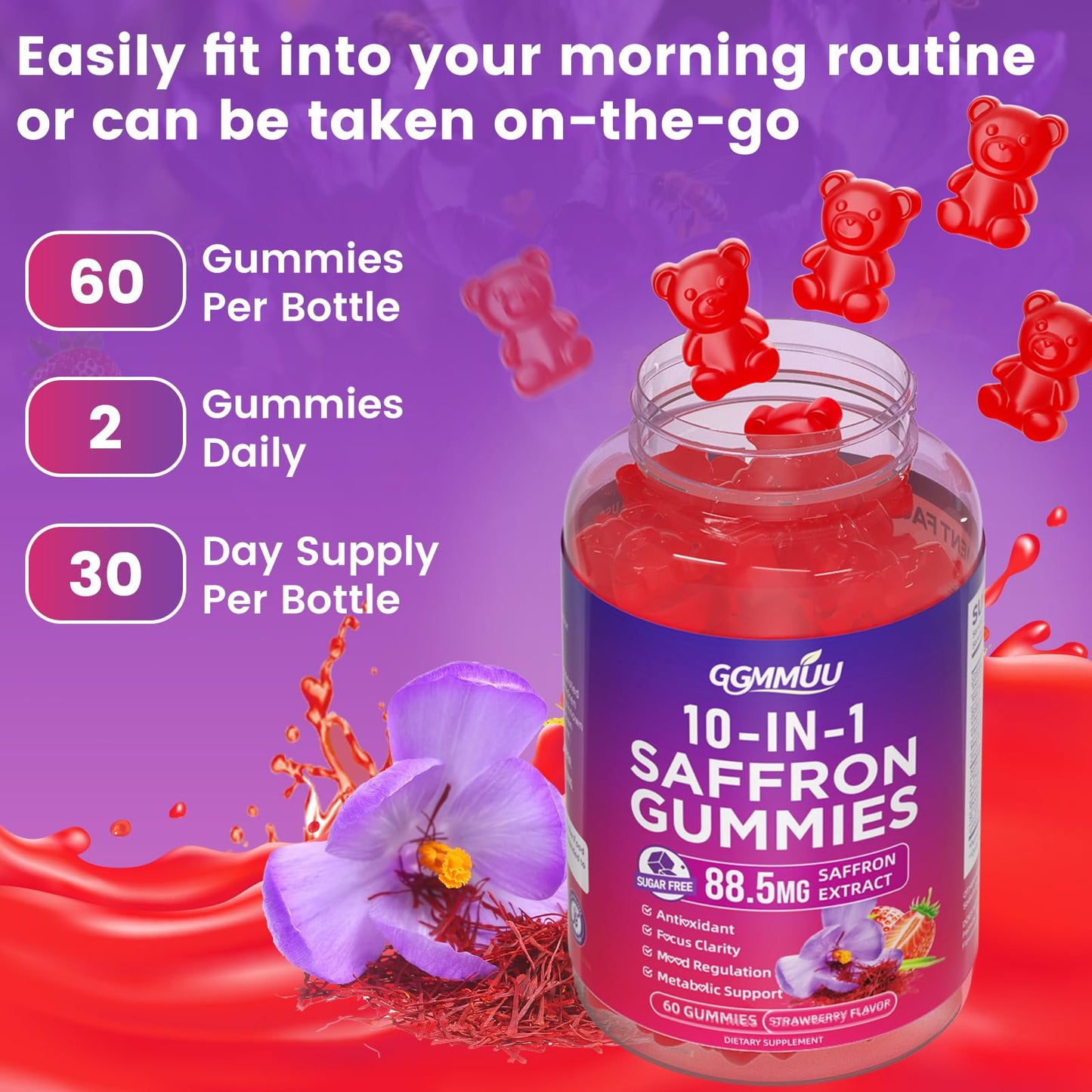 GGMMUU Saffron Gummies for Adults & Kids, Strawberry Flavor, 120 Count