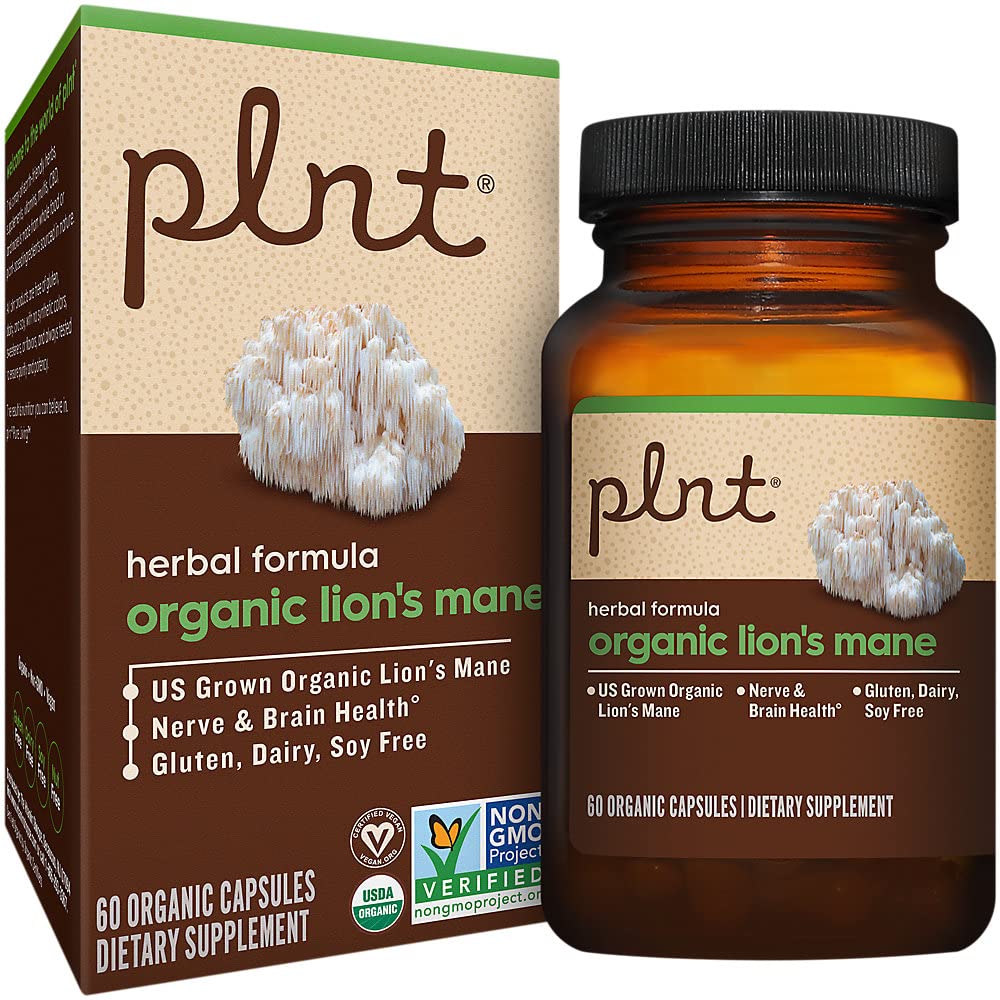 plnt Organic Lion's Mane Supports Nerve & Brain Health 1000 mg Capsules, 60 Count