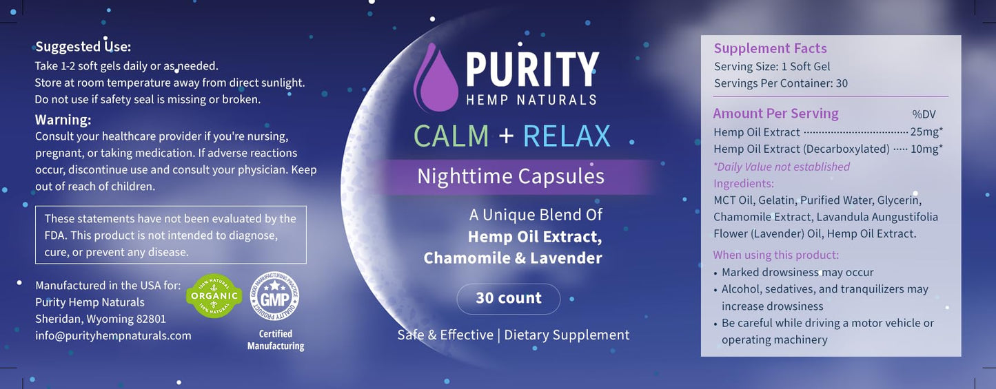 Generic Purity Hemp Naturals Calm + Relax Nighttime Softgels, 30 Count
