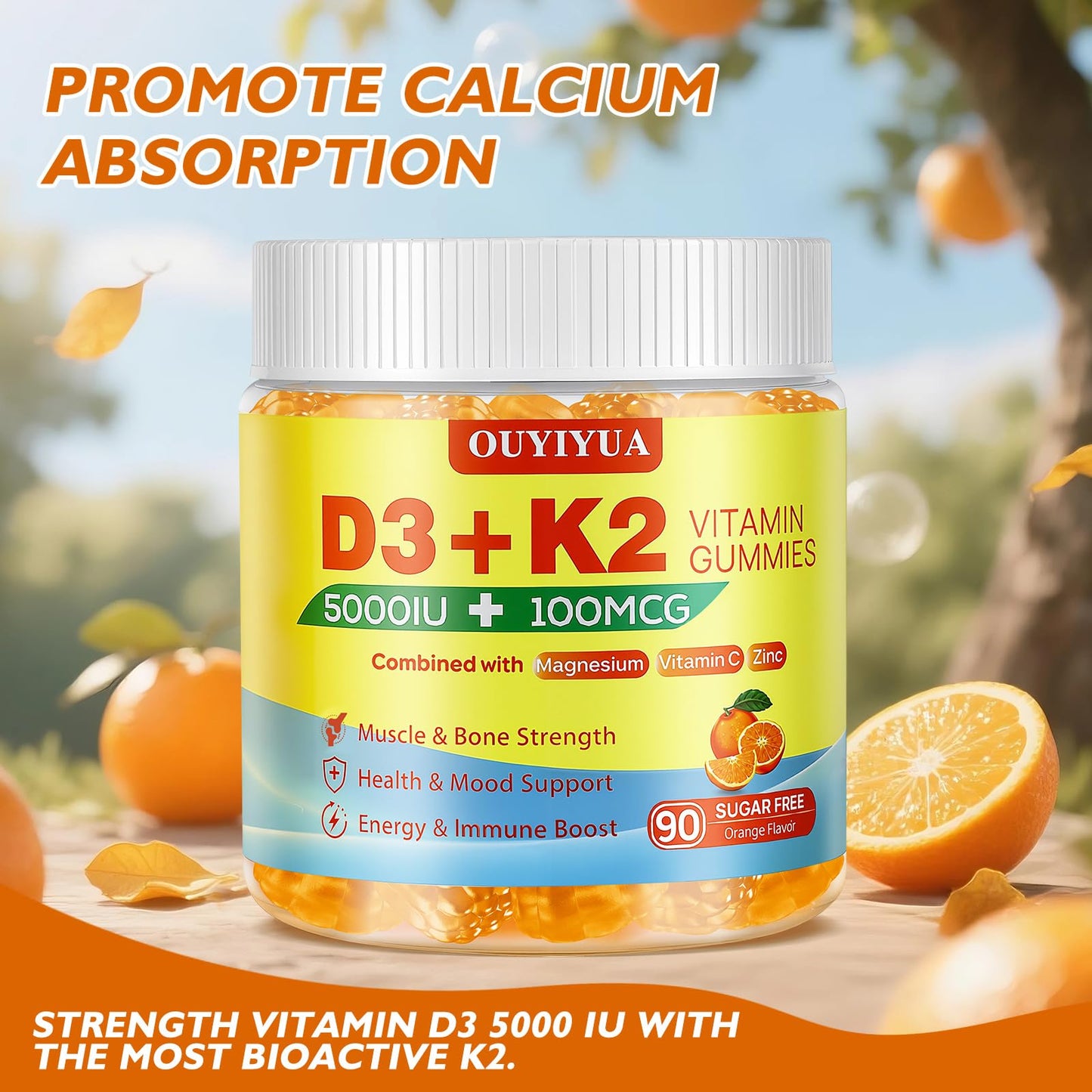 OUYIYUA Vitamin D3 K2 Gummies, 5000IU + 100mcg, 90 Count