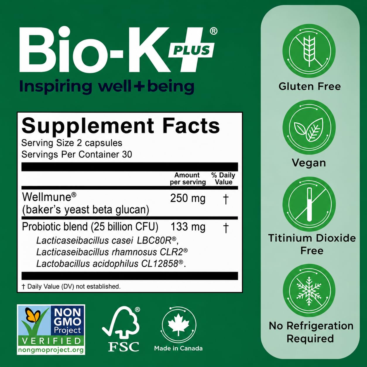 Bio-K Plus Probiotic for Immune Health with Wellmune® Delayed Release Probiotic Supplement Immune & Digestive System, 60 Capsules