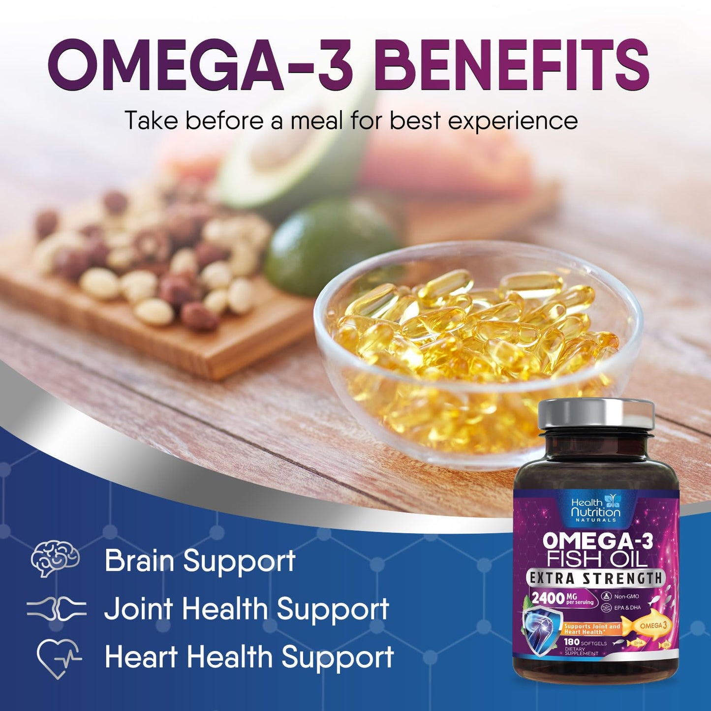 Health Nutrition Naturals Omega-3 Fish Oil, 180 Softgels