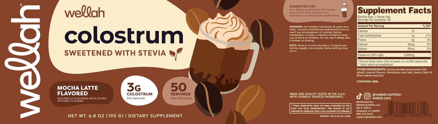 Wellah Colostrum Powder (Mocha Latte) 50 Servings, 3g Per Serving, 6.8 Ounce