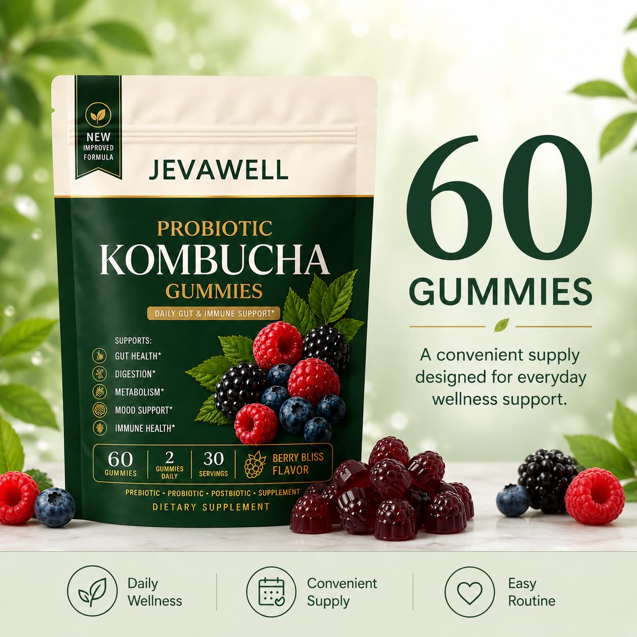 Jevawell Probiotic Kombucha Gummies Softgel 60 Count