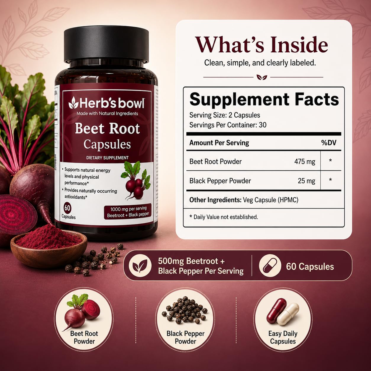 Herb'sbowl Organic Beet Root Capsules with Black Pepper, 60 Capsules