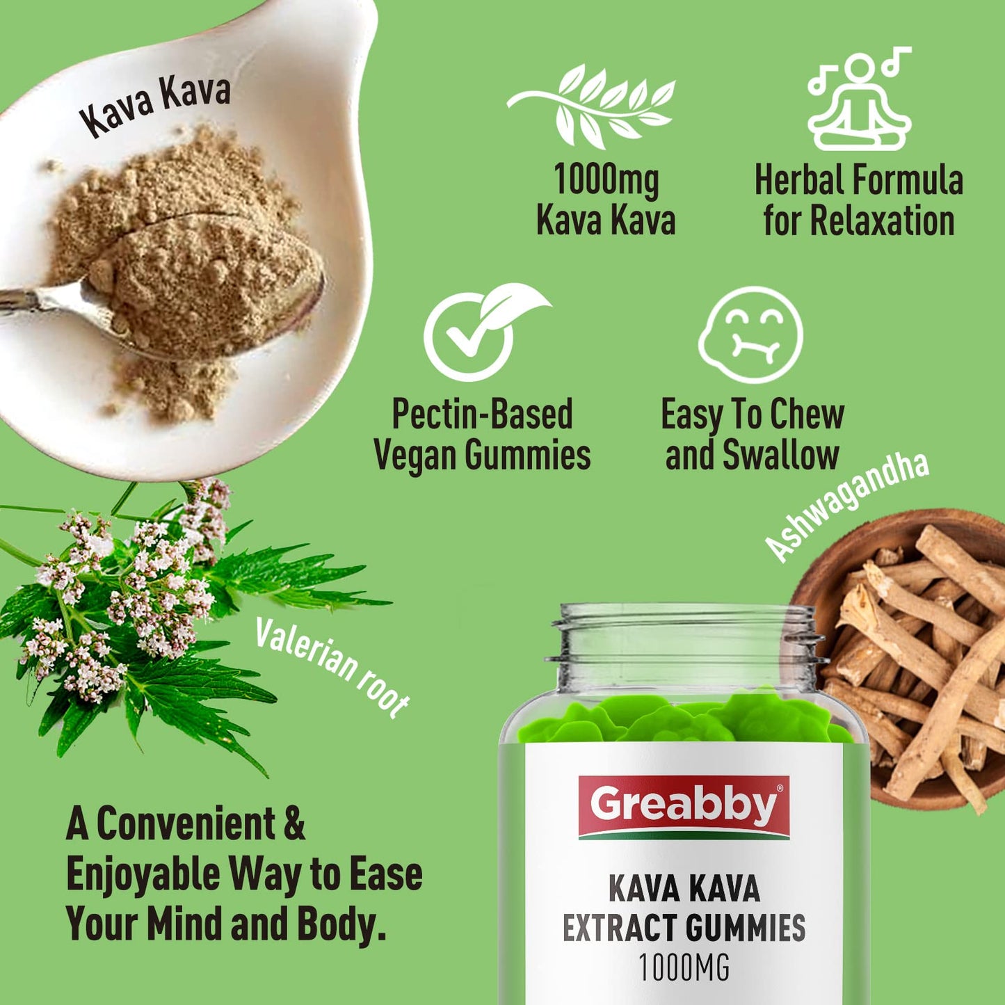 GREABBY Kava Kava Gummies 1000mg Per Serving, Sleep Support, Natural Lemon Flavor, 60 Gummies