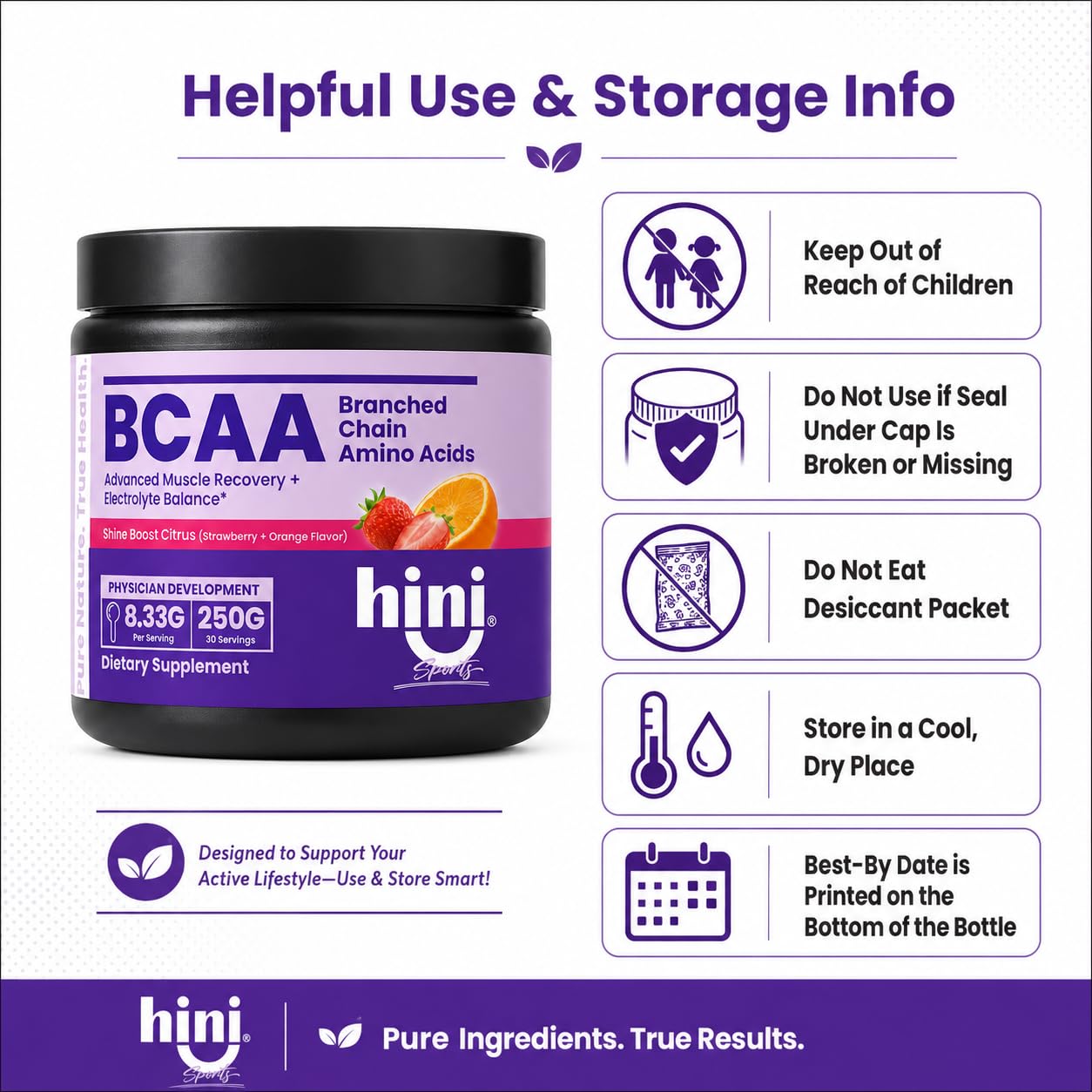 HINI BCAA Powder 6000mg BCAA Blend with Electrolytes, L-Leucine, L-Isoleucine & L-Valine, Strawberry Orange Flavor, 250g, 30 Servings
