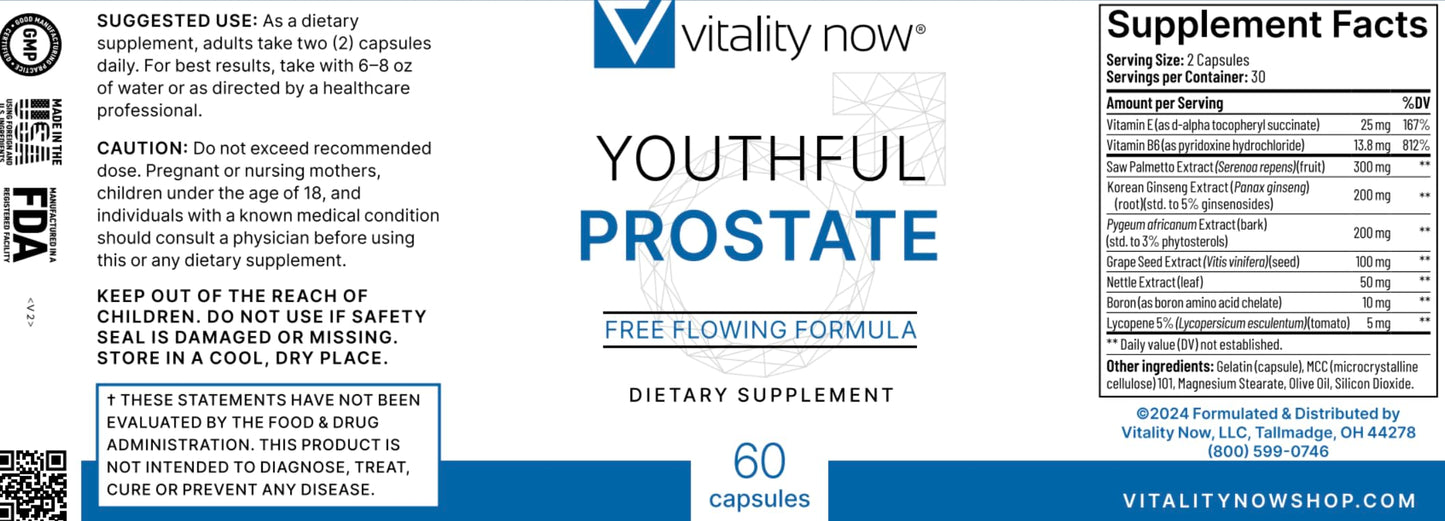 Vitality Now Youthful Prostate Saw Palmetto with Panax Ginseng for Men, Antioxidant Protection, Vitamin E, Lycopene, Capsule, 60 Count