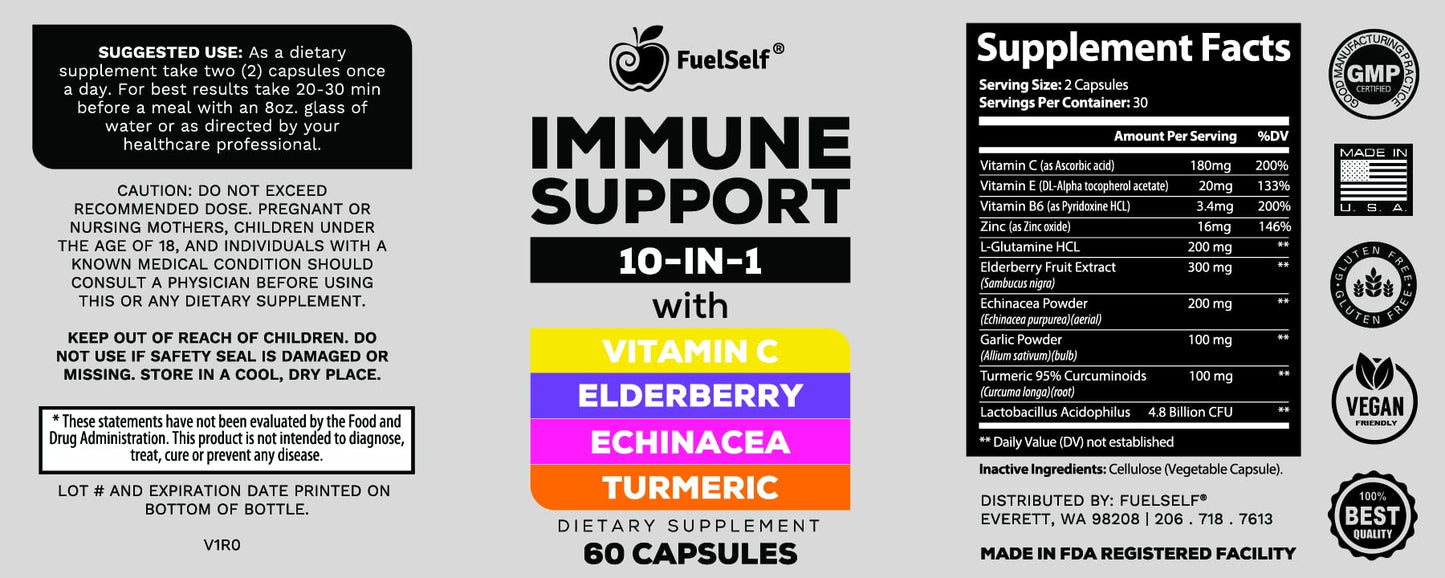 FuelSelf Immune Support Booster Supplement with Elderberry, Vitamin C, Echinacea, Turmeric Curcuminoids, Vitamin E, Vitamin B6, Zinc, L-Glutamine HCL, Garlic, Lactobacillus Acidophilus Capsules, 60 Count