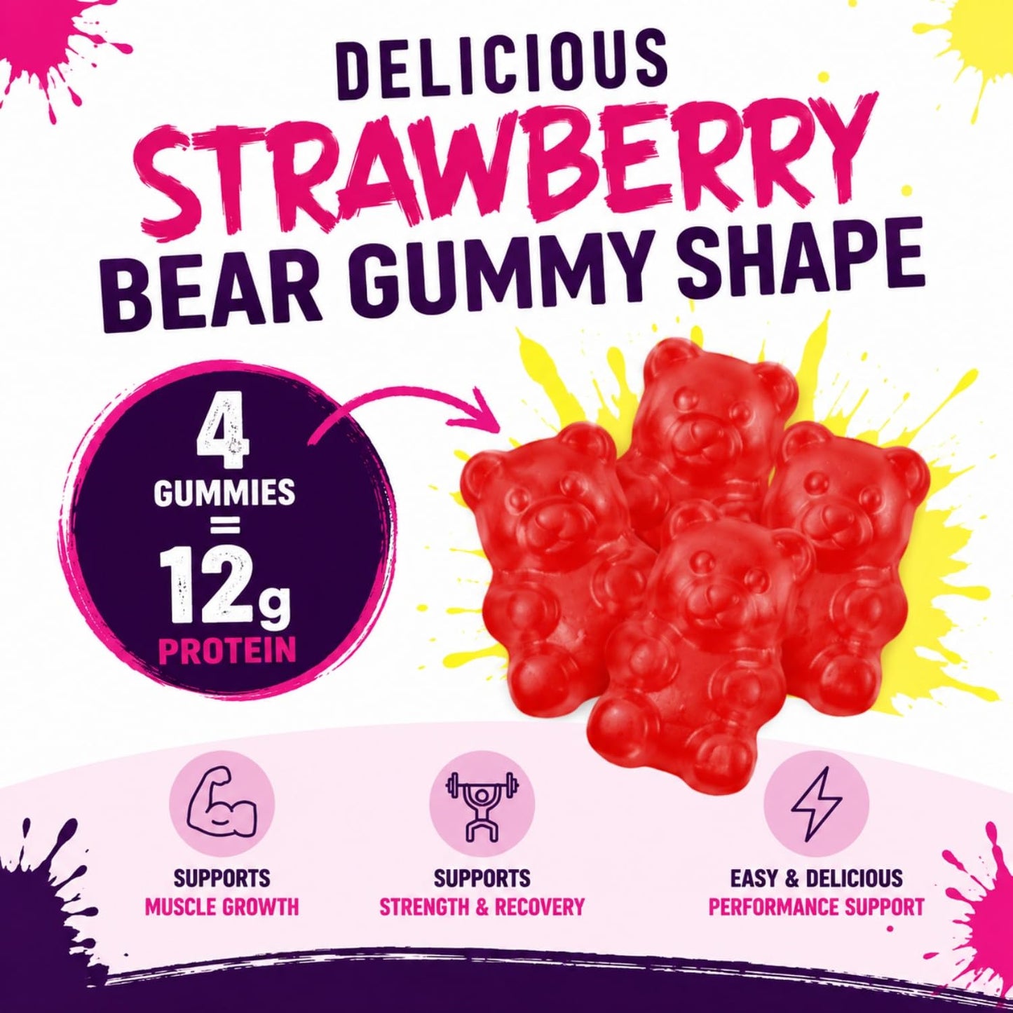 ProGainIX Protein Gummies - 3 in 1 formula with 12g Protein, Creatine Monohydrate & Collagen Peptides - Strawberry Flavor, Zero Sugar, 60 Gummies