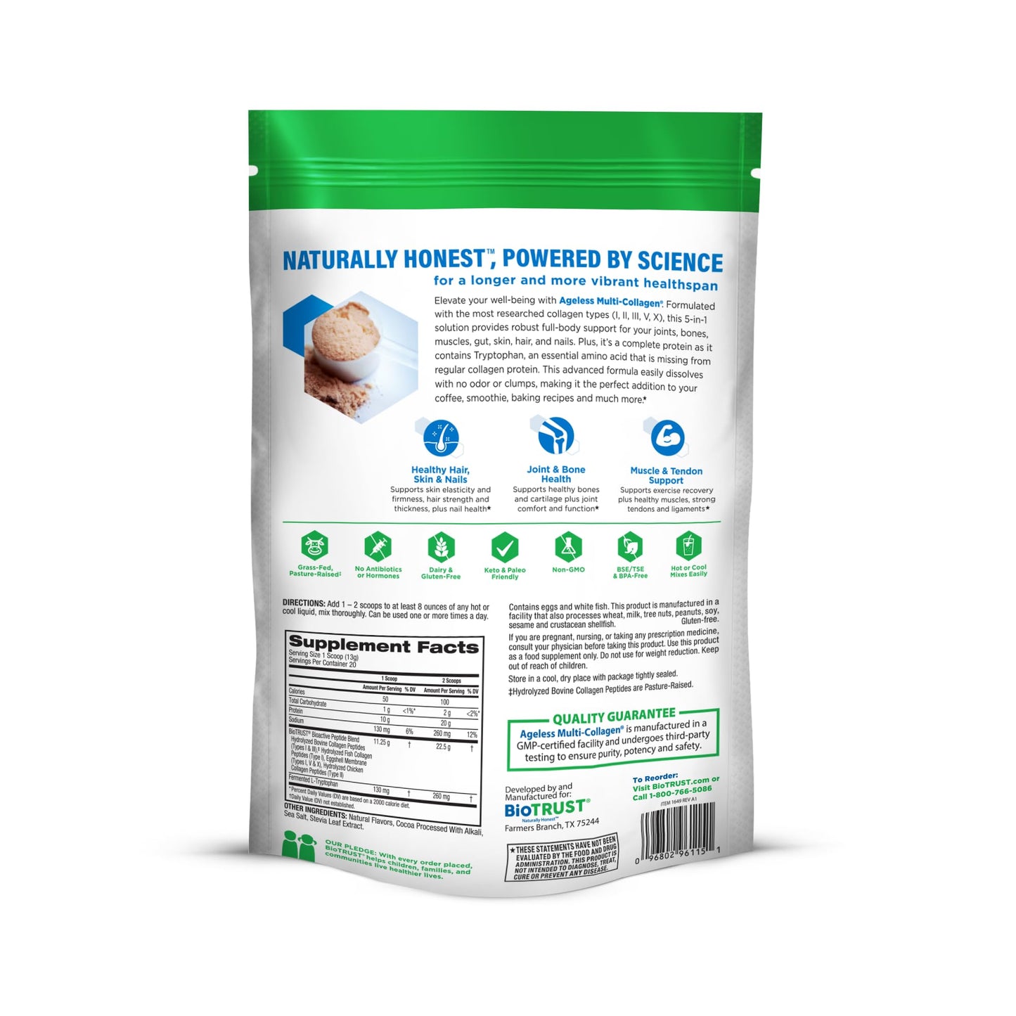 BioTrust Ageless Multi Collagen Peptides Powder 20 Servings Chocolate