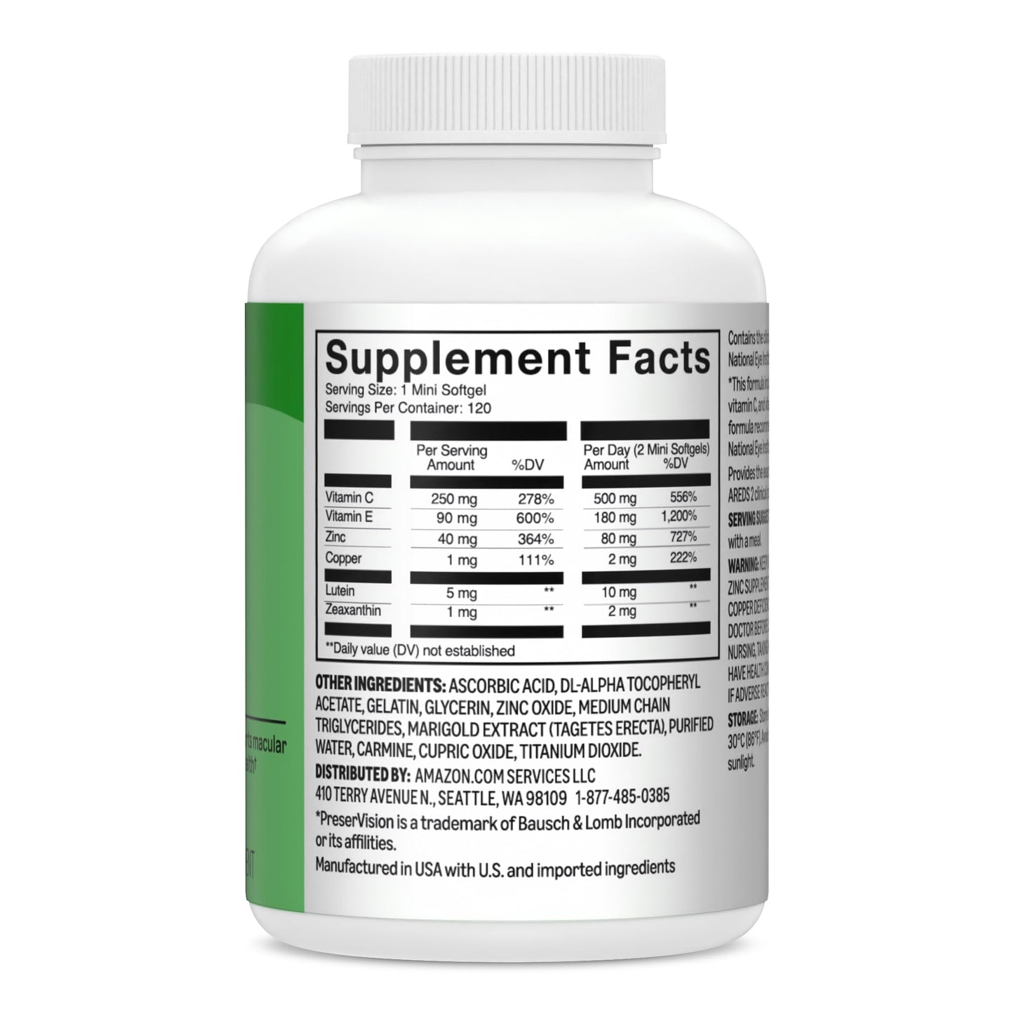 Amazon Basics Eye Vitamin and Mineral Supplement AREDS 2 Formula with Lutein & Zeaxanthin Softgels, 120 Softgels