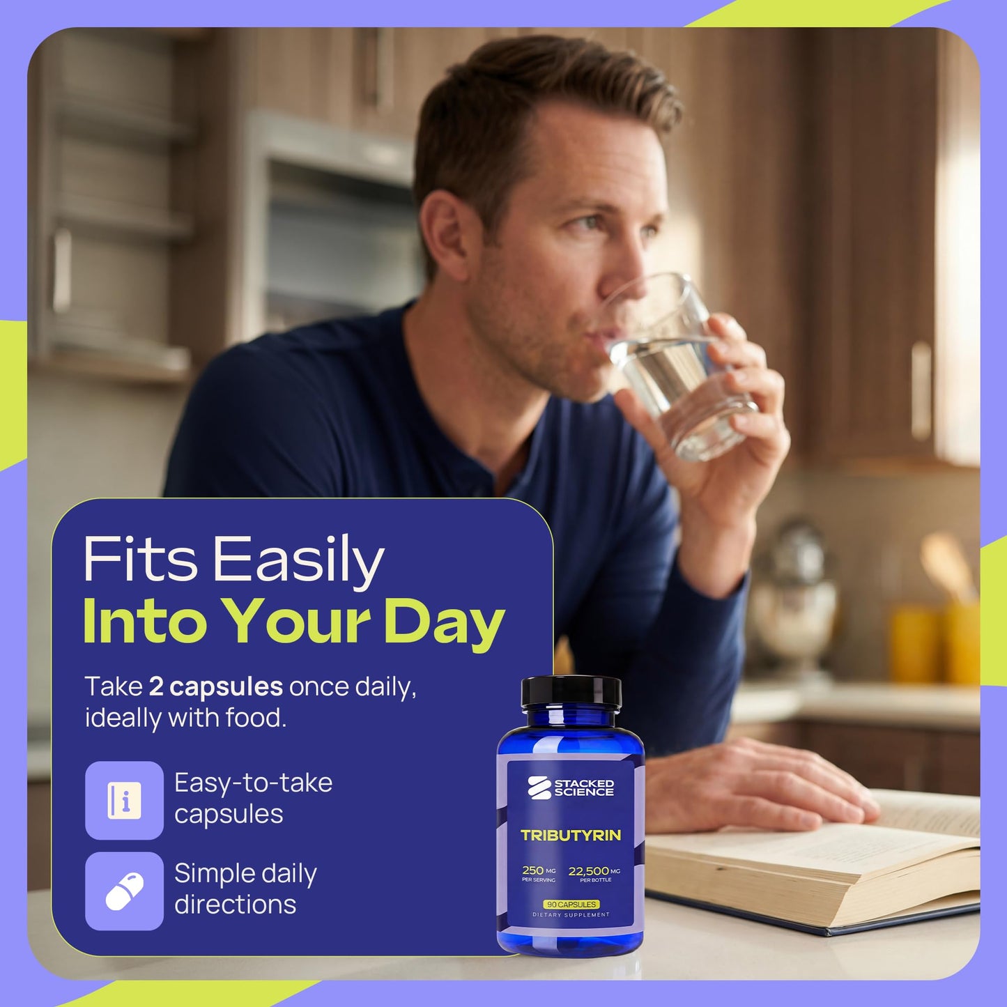Stacked Science Tributyrin 250 mg Capsule, 90 Count