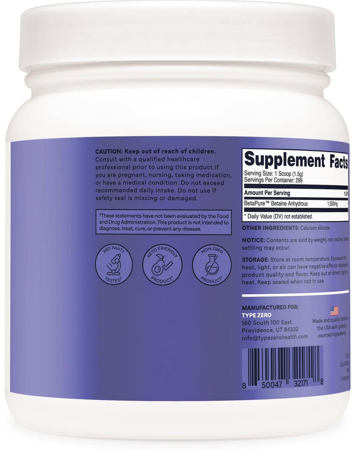 Type Zero Betaine Anhydrous Powder, 16.2 oz