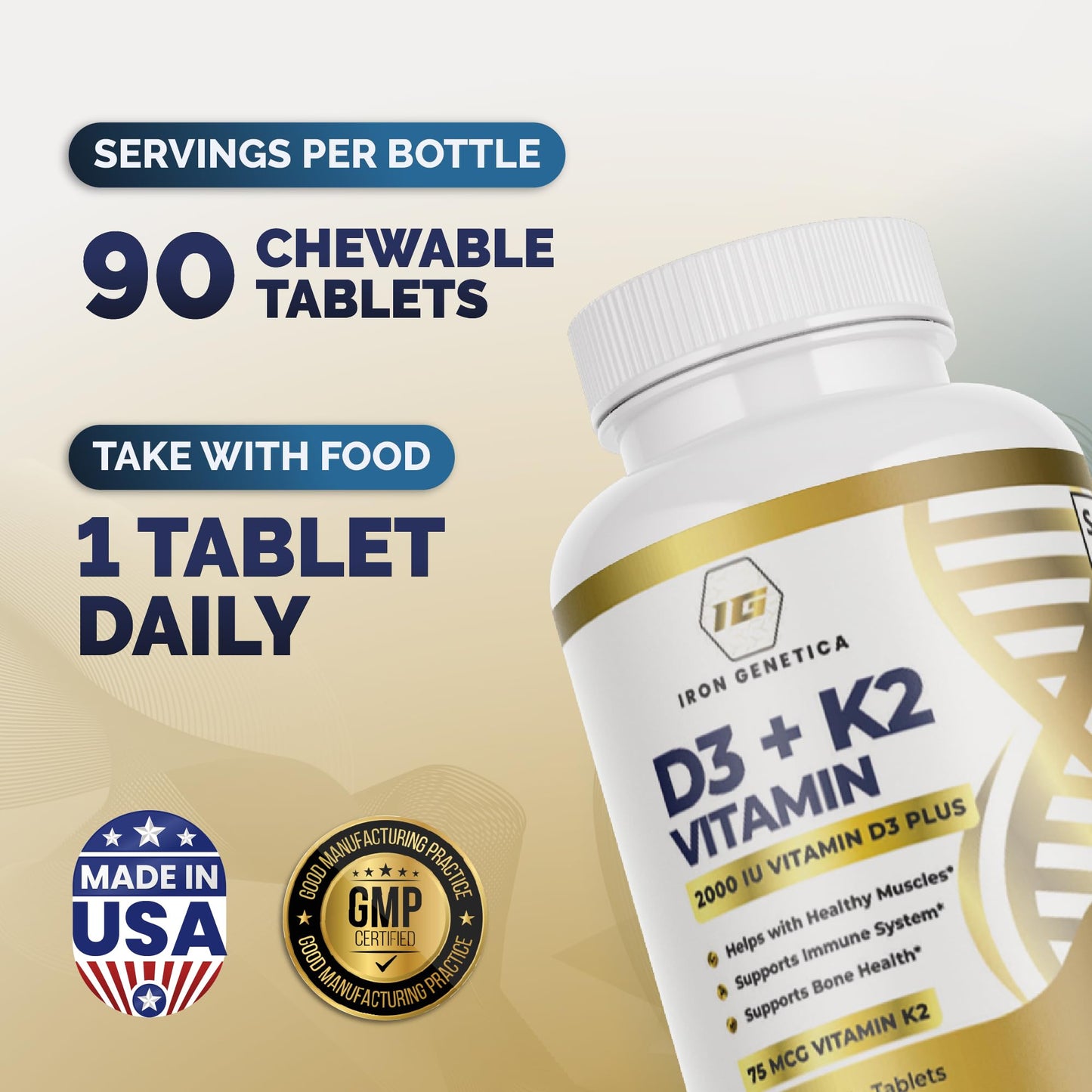 Iron Genetica Vitamin D3 + K2 (MK-7) Chewable 90 Count