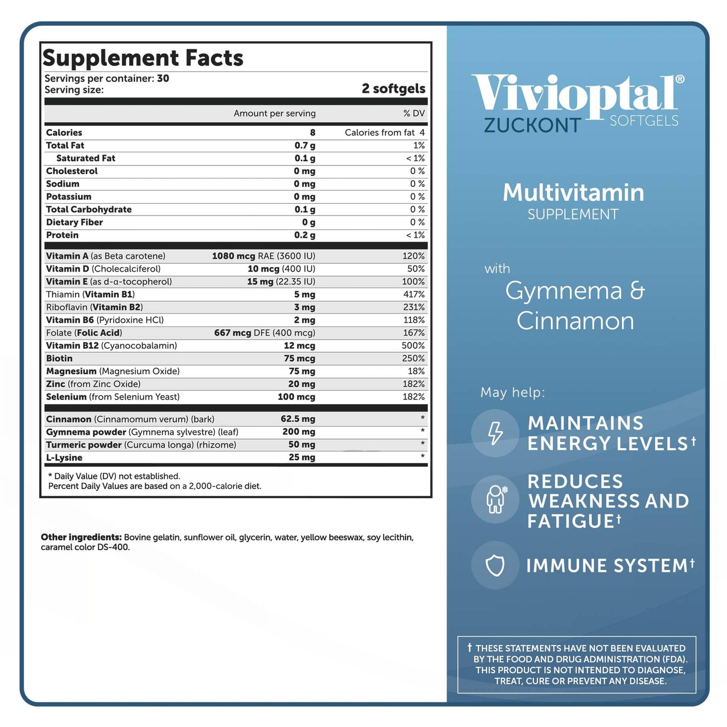 Vivioptal Vitamins Multivitamin Supplement with Gymnema and Cinnamon 60 Softgels