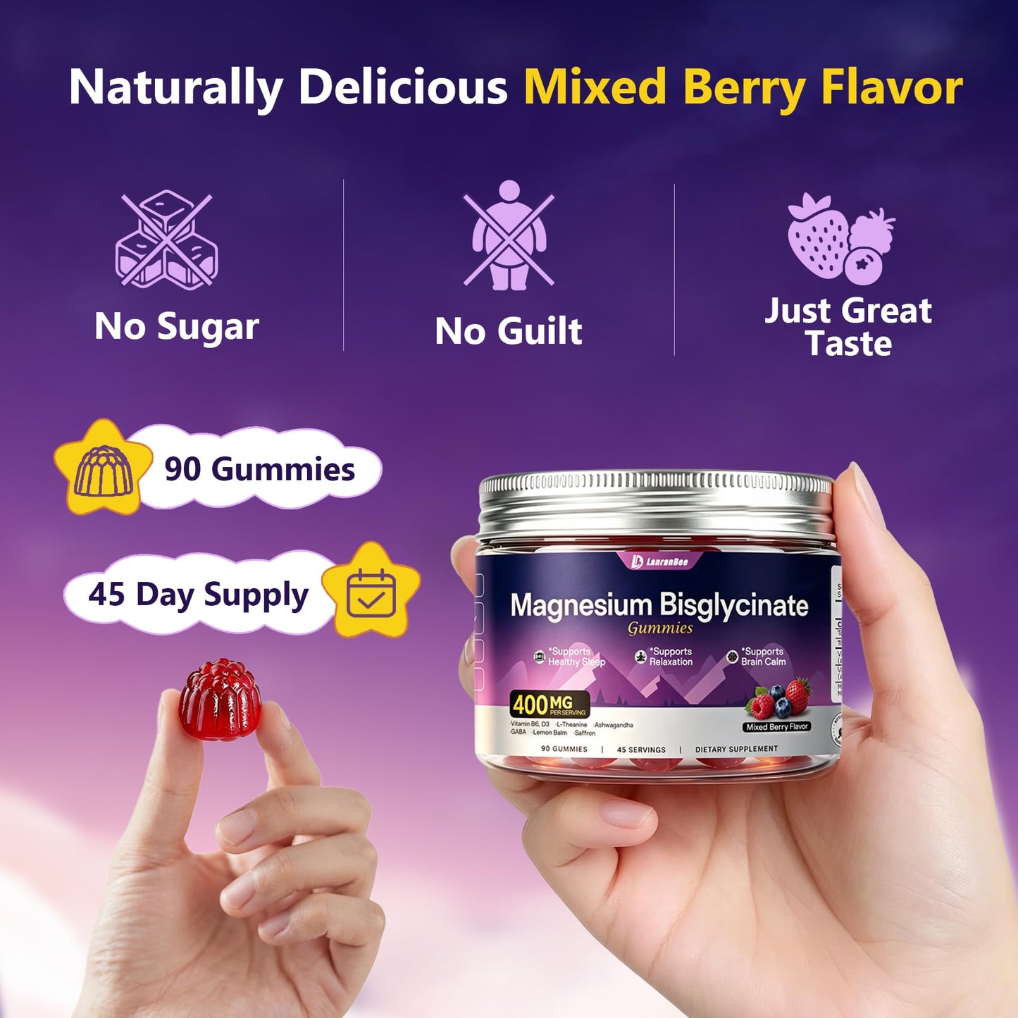 LanranBee Magnesium Bisglycinate Gummies 400mg Chelated Magnesium Supplement, 90 Gummies