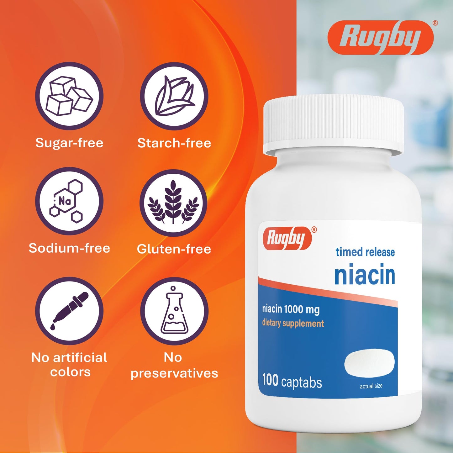Rugby Laboratories Timed-Release Niacin 1000mg Dietary Supplement, 100 Tablets