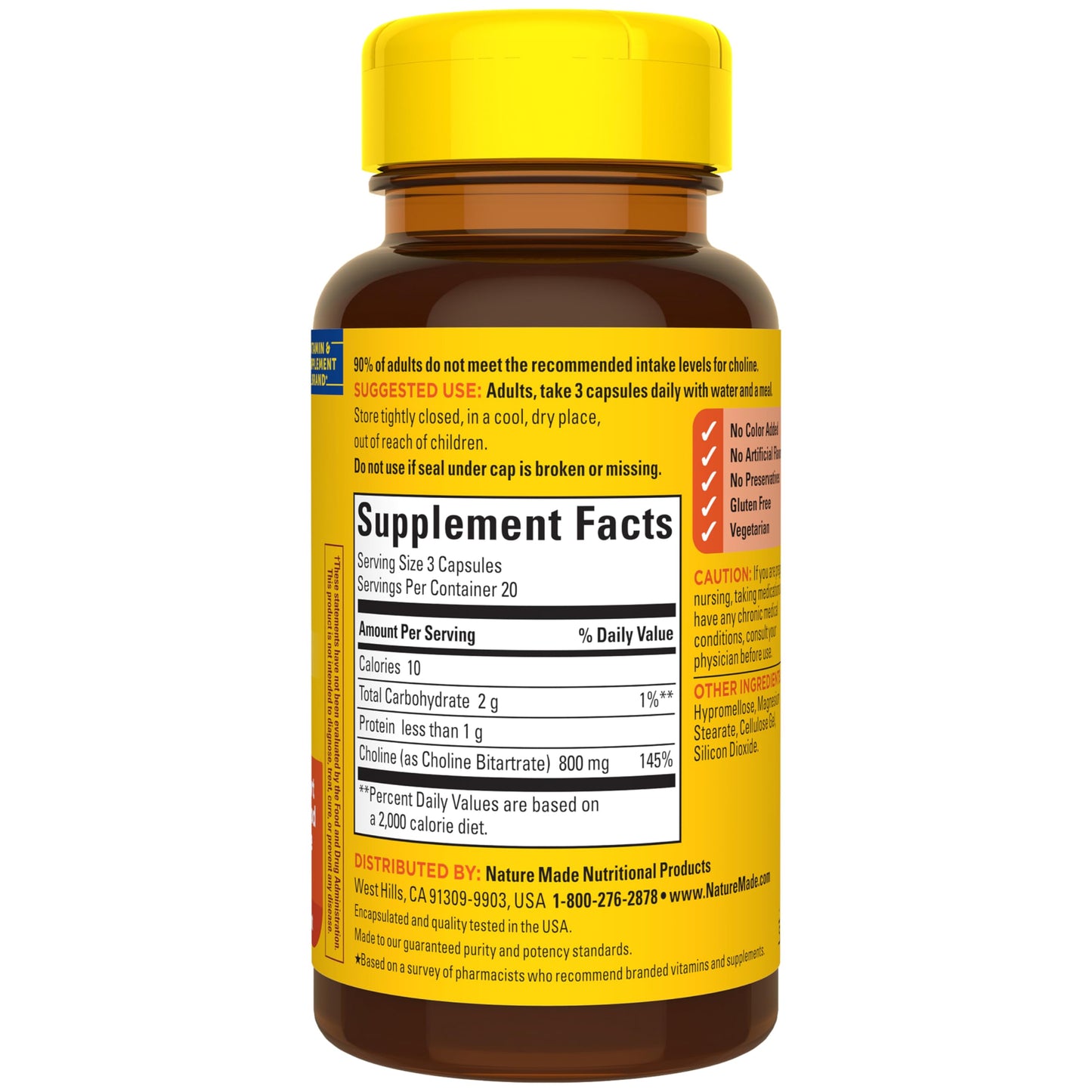 Nature Made Choline Supplements Extra Strength 800 mg per 3 Capsules, 60 Capsules