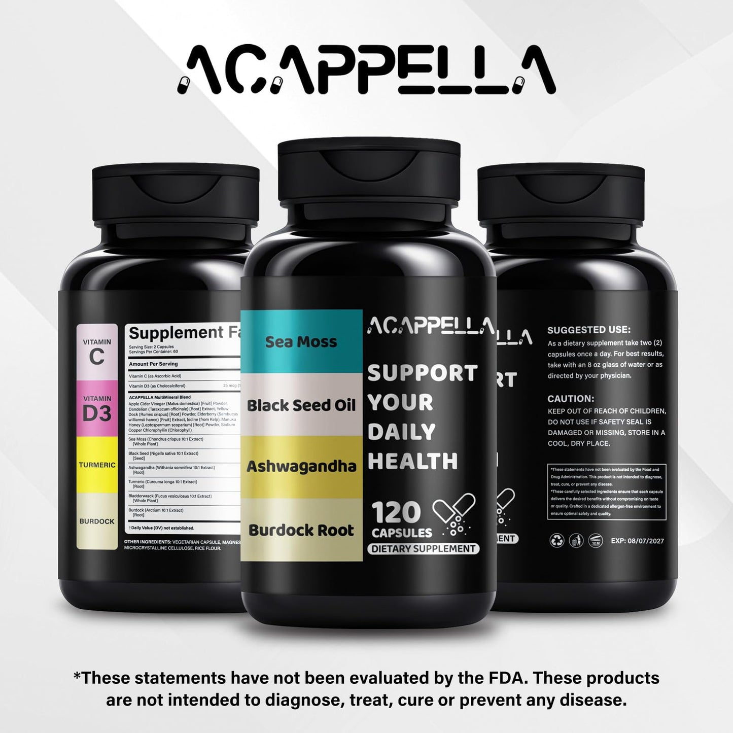 ACAPPELLA Sea Moss Ashwagandha Black Seed Oil Burdock Root Capsule, 120 Capsules