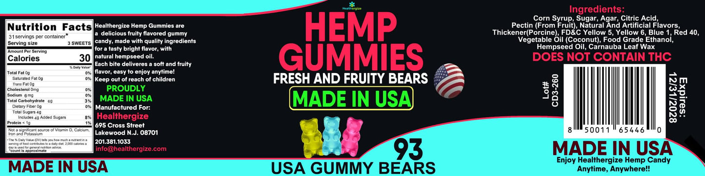 Healthergize Hemp Gummies Sleep Edibles for Relaxation-Calm and Peace Hempseed Oil Gummy Bears Candy, 93 Capsules