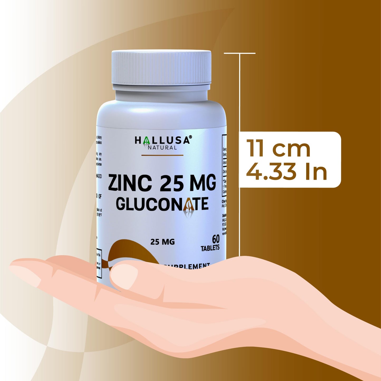 Hallusa Natural Zinc 25 mg - Zinc Gluconate Supplement, 60 Tablets