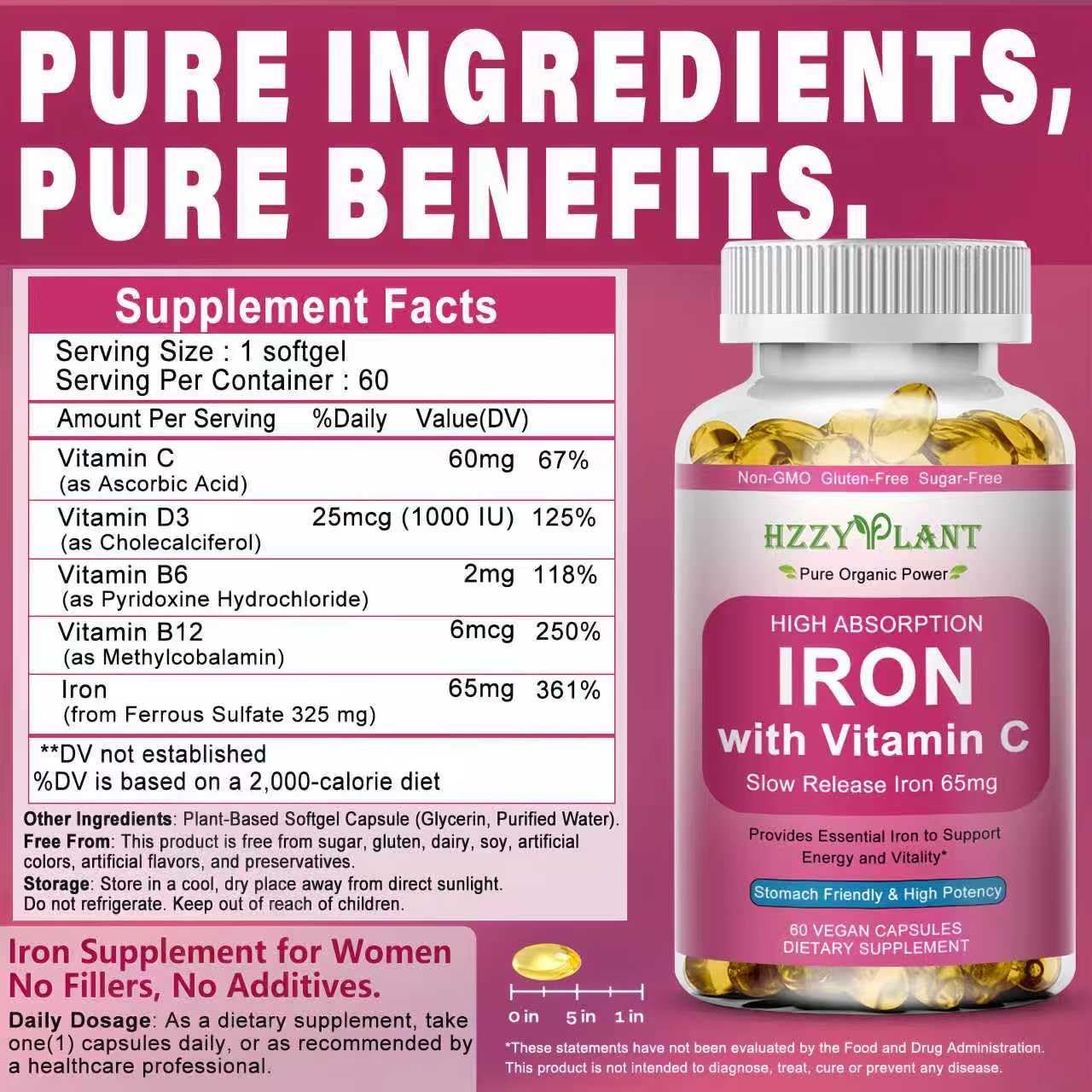 HZZYPLANT Iron Supplement for Women Softgels 60 Count