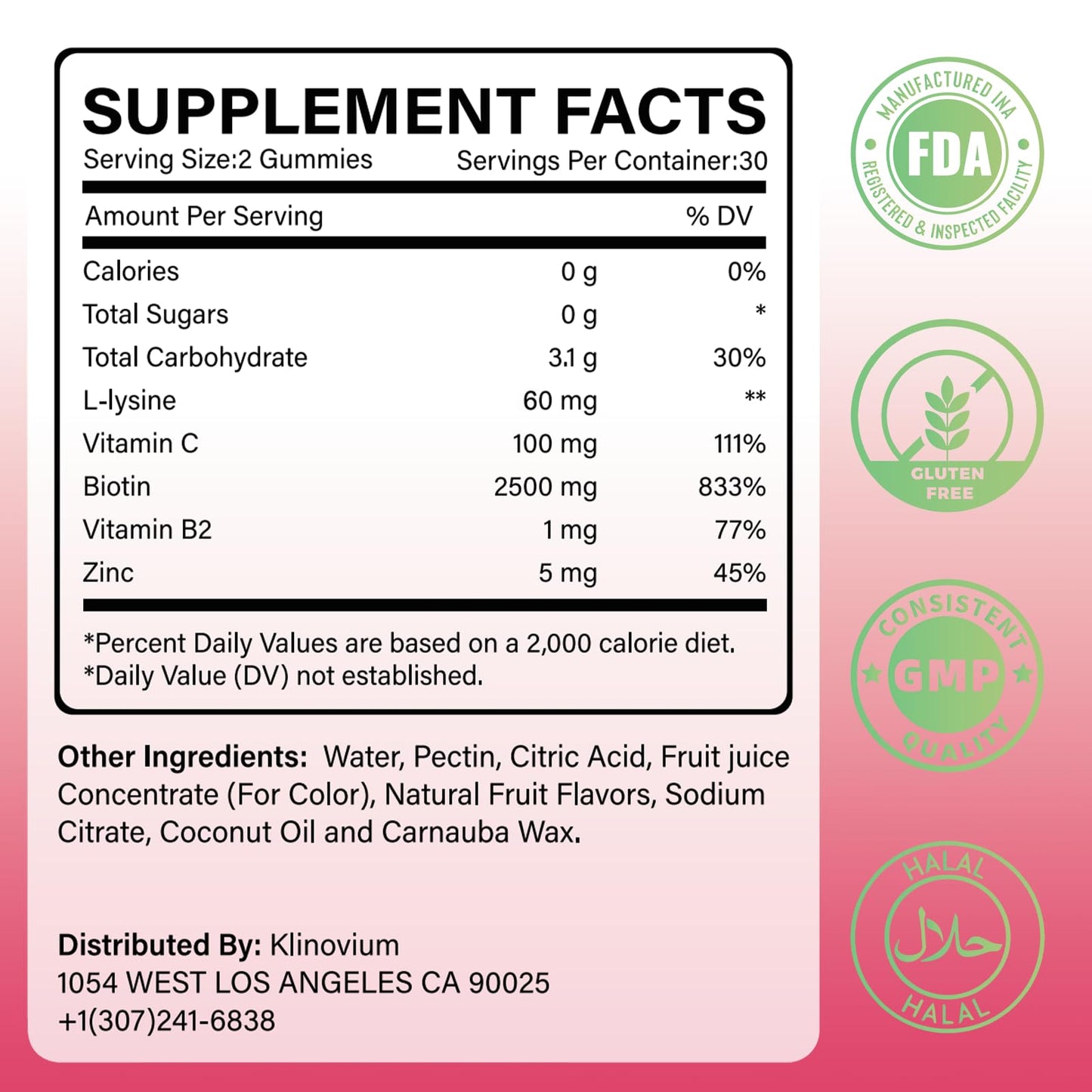 Klinovium L-Lysine Gummies 1000 mg, 60 Count