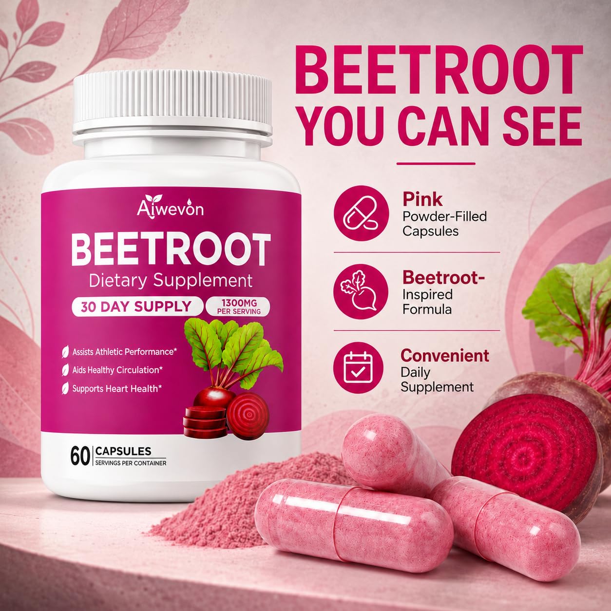Aiwevon Organic Beet Root Capsules 1300mg per Serving – Non-GMO Beetroot Supplement for Circulation, Heart Health & Energy Support – Easy-to-Swallow Veggie Capsules, 60 Count