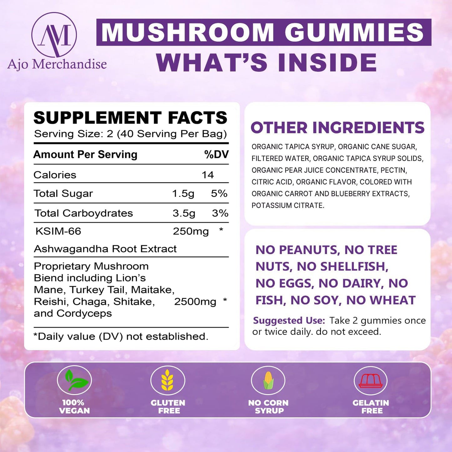 AJO MERCHANDISE Lion's Mane Mushroom Gummies for Focus & Energy with KSM-66 Ashwagandha, 80 Gummies