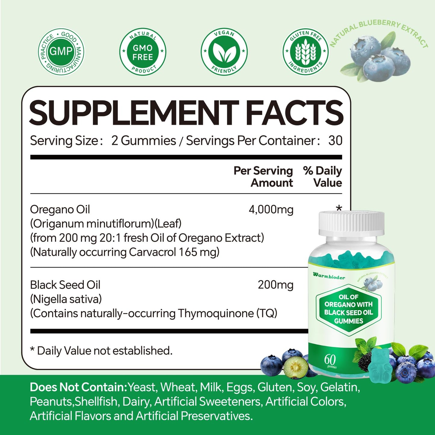 Warmbioder Oil of Oregano Gummies with Black Seed Oil, Vitamin D3, Oregano Oil Organic High Carvacrol, Immune & Digestive Support, Antioxidant Support, Blueberry Flavor, 60 Gummies