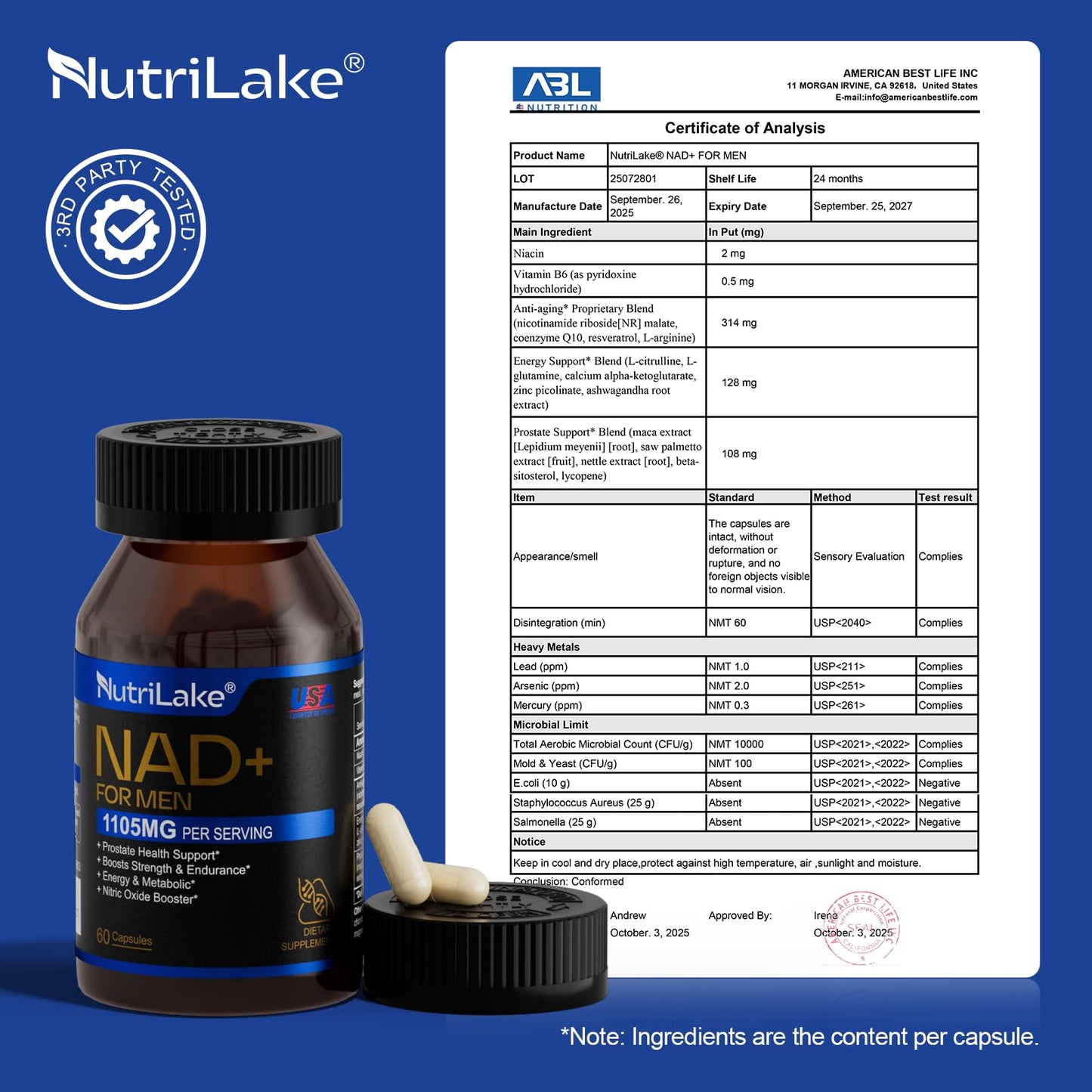 NUTRILAKE NAD+ Supplement for Men NMN Alternative with Resveratrol, Nicotinamide Riboside, Support Healthy Aging, Cellular Energy, Prostate Health, 60 Capsules