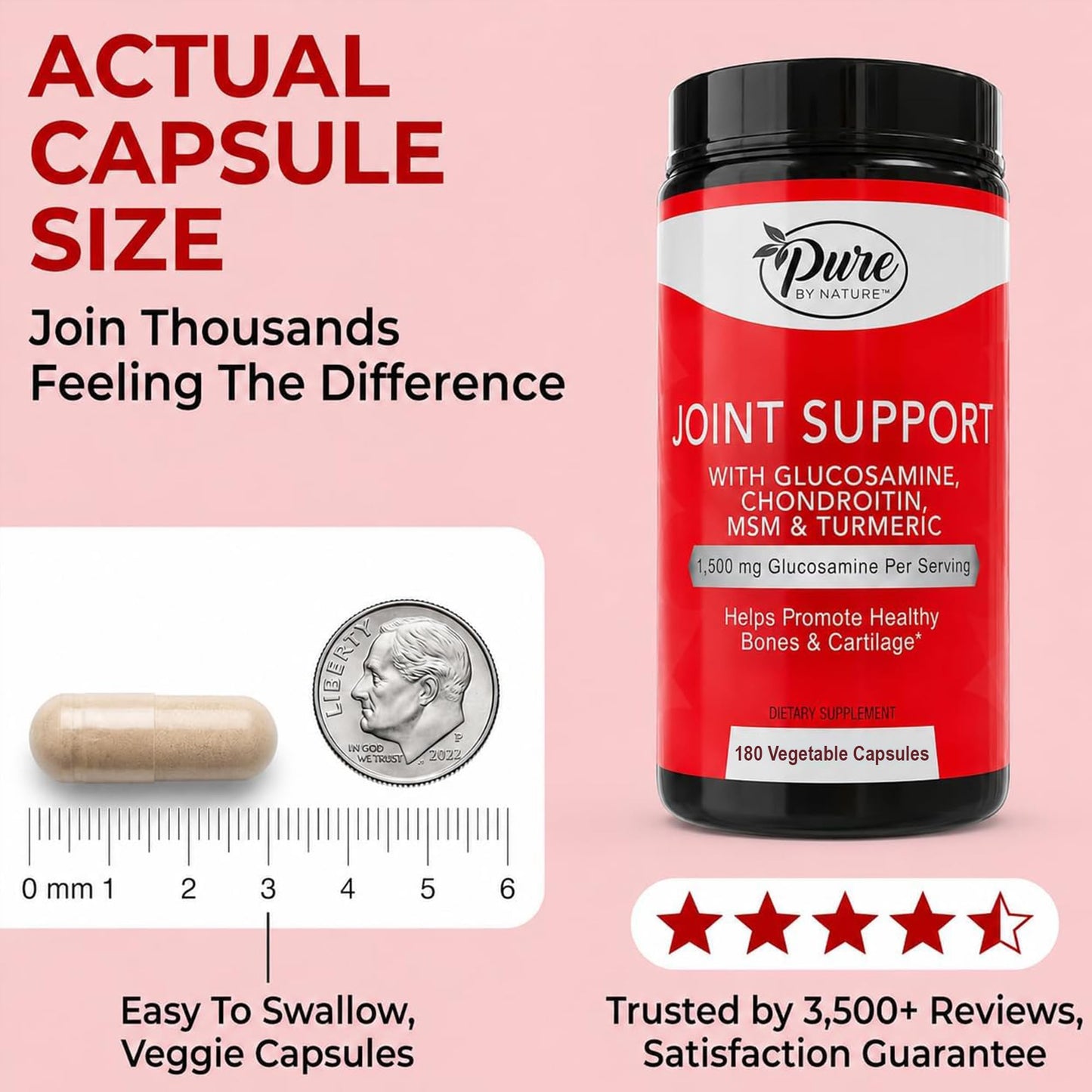Pure By Nature Glucosamine Chondroitin MSM Turmeric Boswellia (60 Day Supply) Joint Support Supplement for Women & Men, Gluten Free, Non GMO, 180 Capsules
