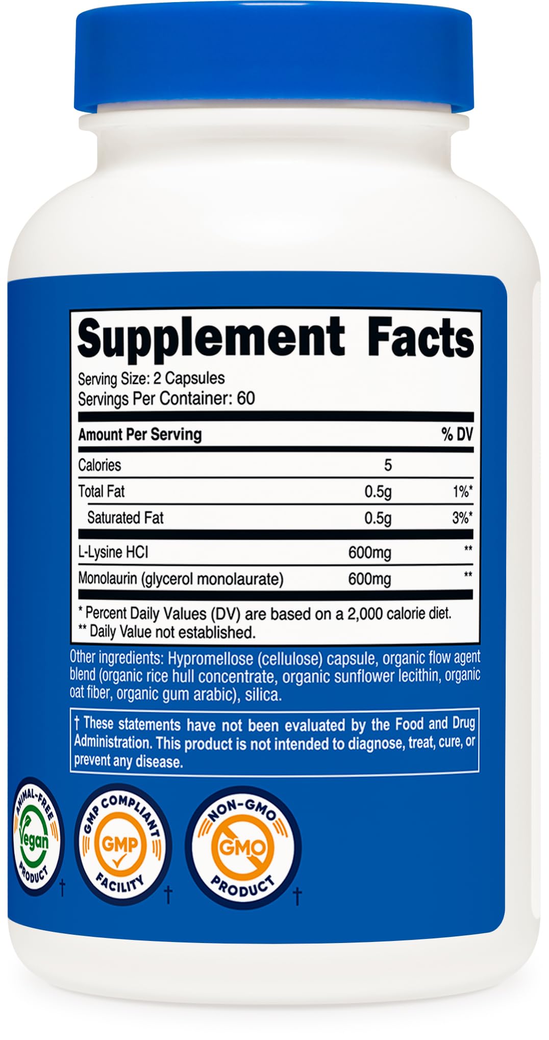 Nutricost L-Lysine + Monolaurin (1,200mg) Capsules, 120 Count