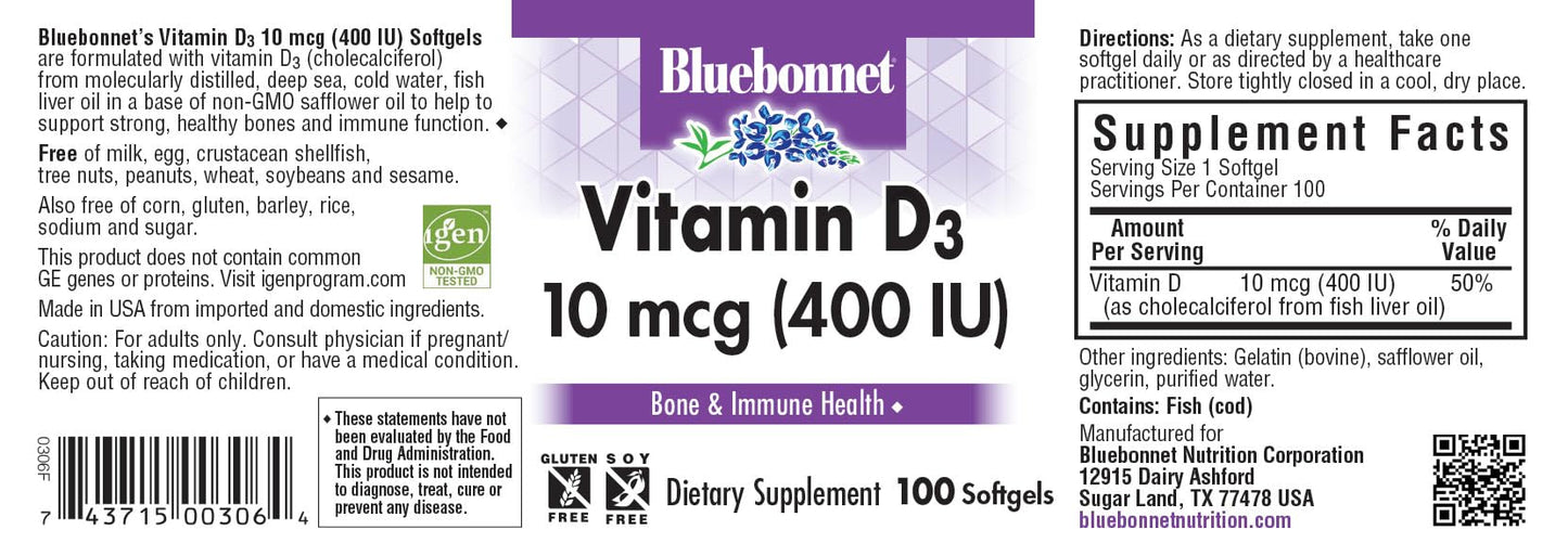 BlueBonnet Vitamin D3 400 IU Softgels, 100 Softgels