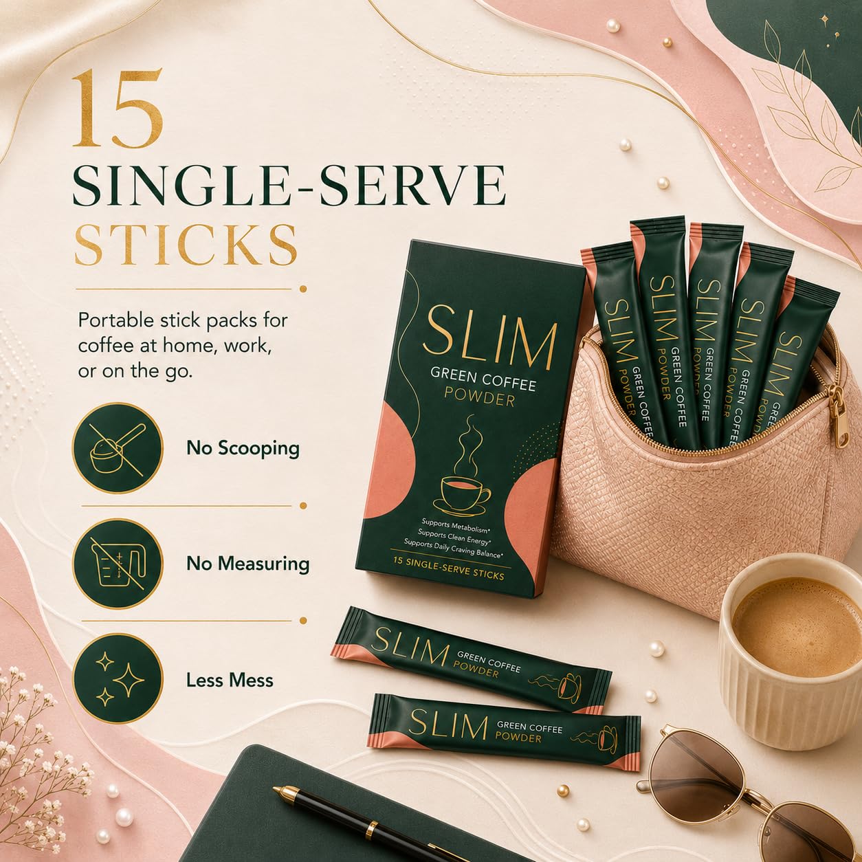 98.4% Beilingmei Slim Green Coffee Extract Boost Powder Sticks, Flavorless, 15 Count