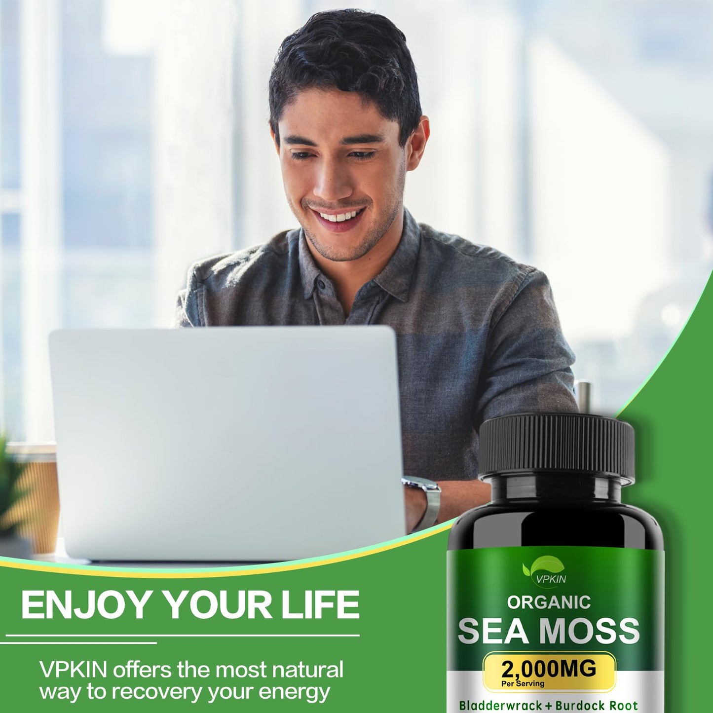 VPKIN Organic Sea Moss Capsules with Bladderwrack, Burdock Root and Black Pepper Extract, 2000mg, 120 Capsules