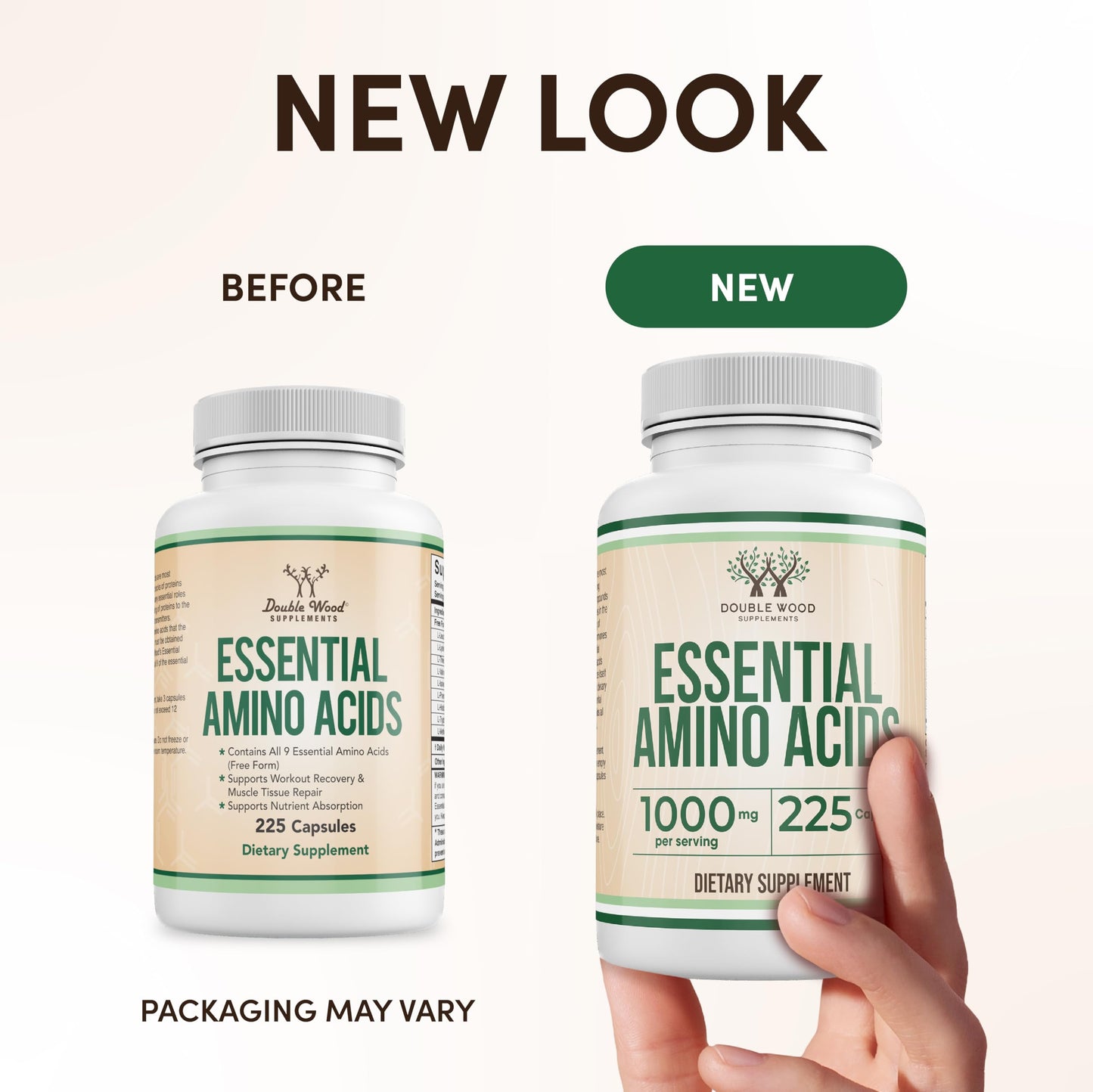 Double Wood Supplements Essential Amino Acids - 1 Gram Per Serving Powder Blend of All 9 Essential Aminos (EAA) and All Branched-Chain Aminos (BCAAs) (Leucine, Isoleucine, Valine) 225 Capsules