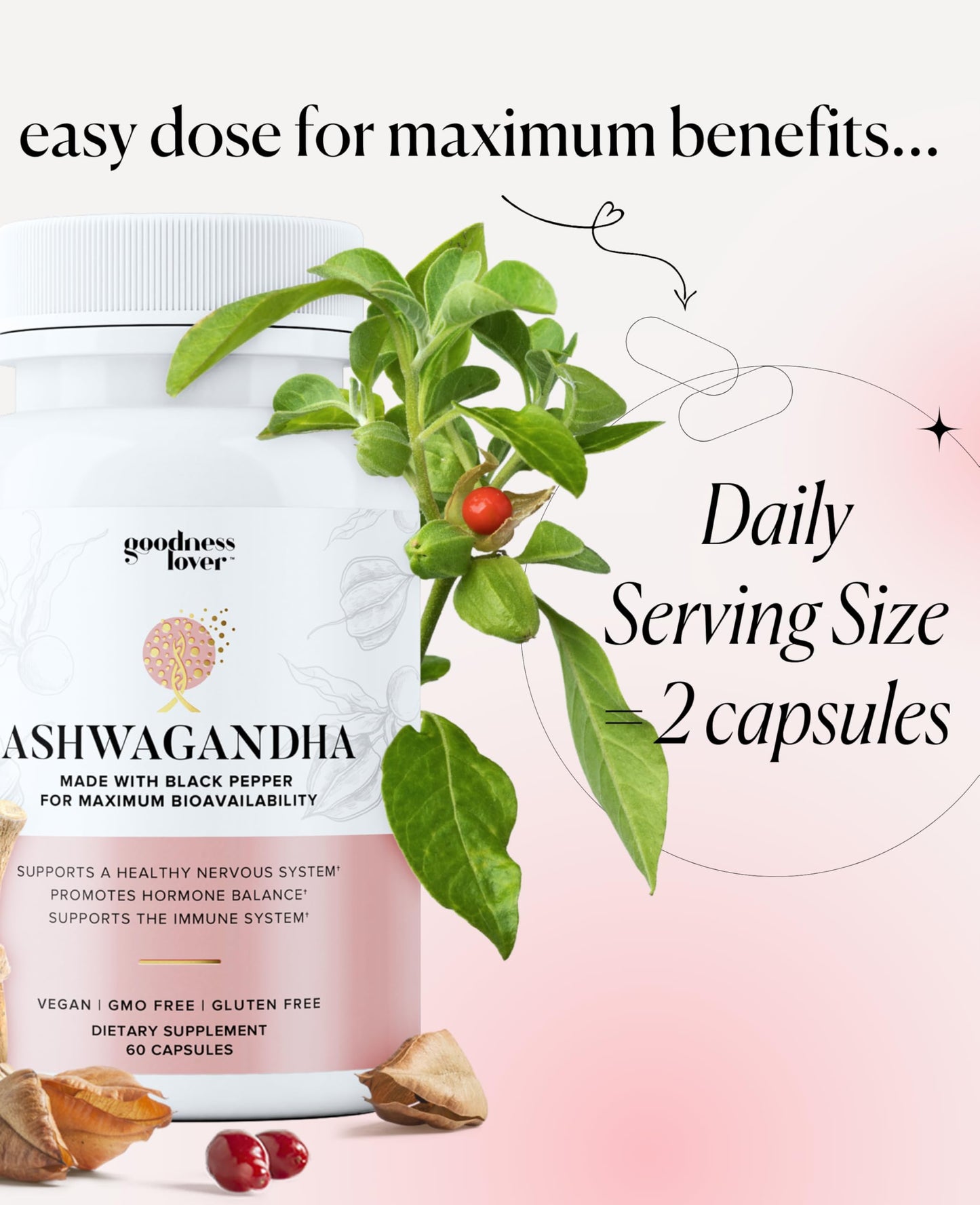 Goodness Lover Ashwagandha Supplement With Black Pepper Capsules, 60 Count