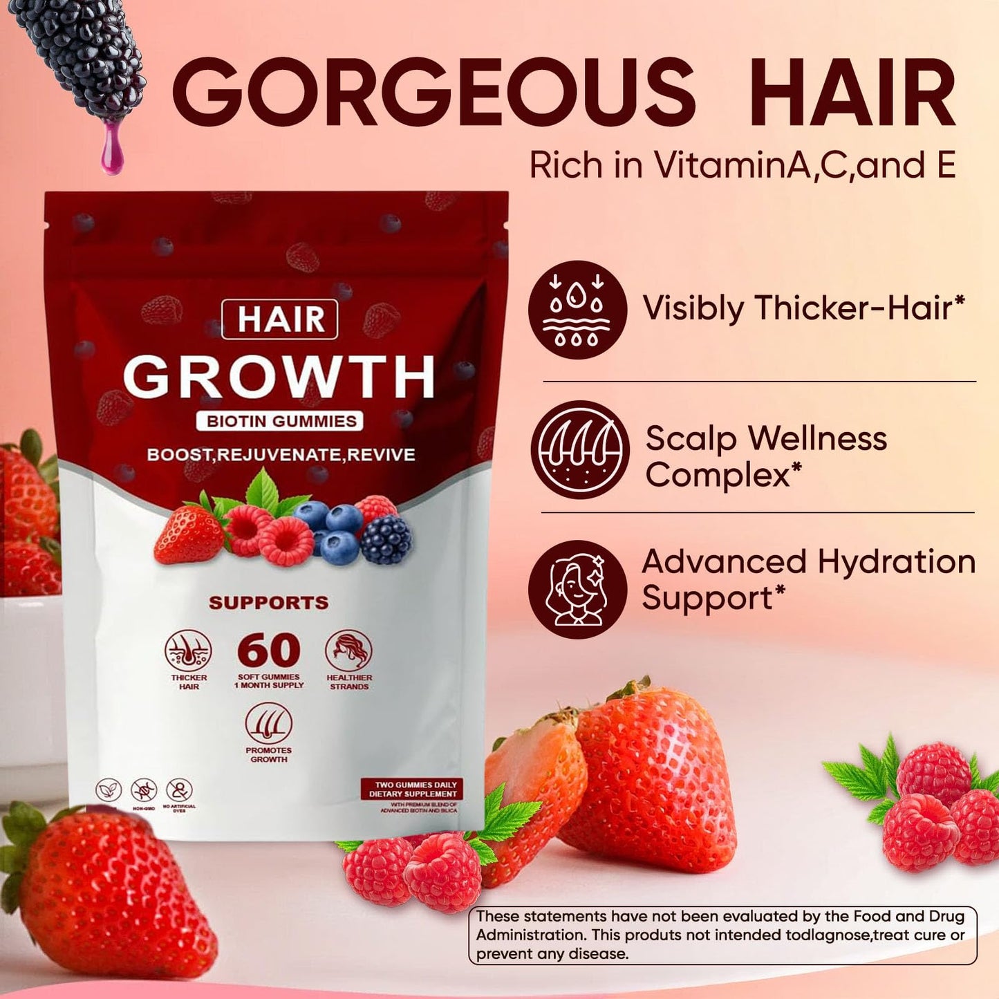 Neonomicon Hair Growth Gummies with Biotin, Vitamin C & E, Rosemary, Saw Palmetto – Supports Healthy Hair Growth & Strength, Skin & Nail Care – Mixed Berry Flavor, 60 Gummies